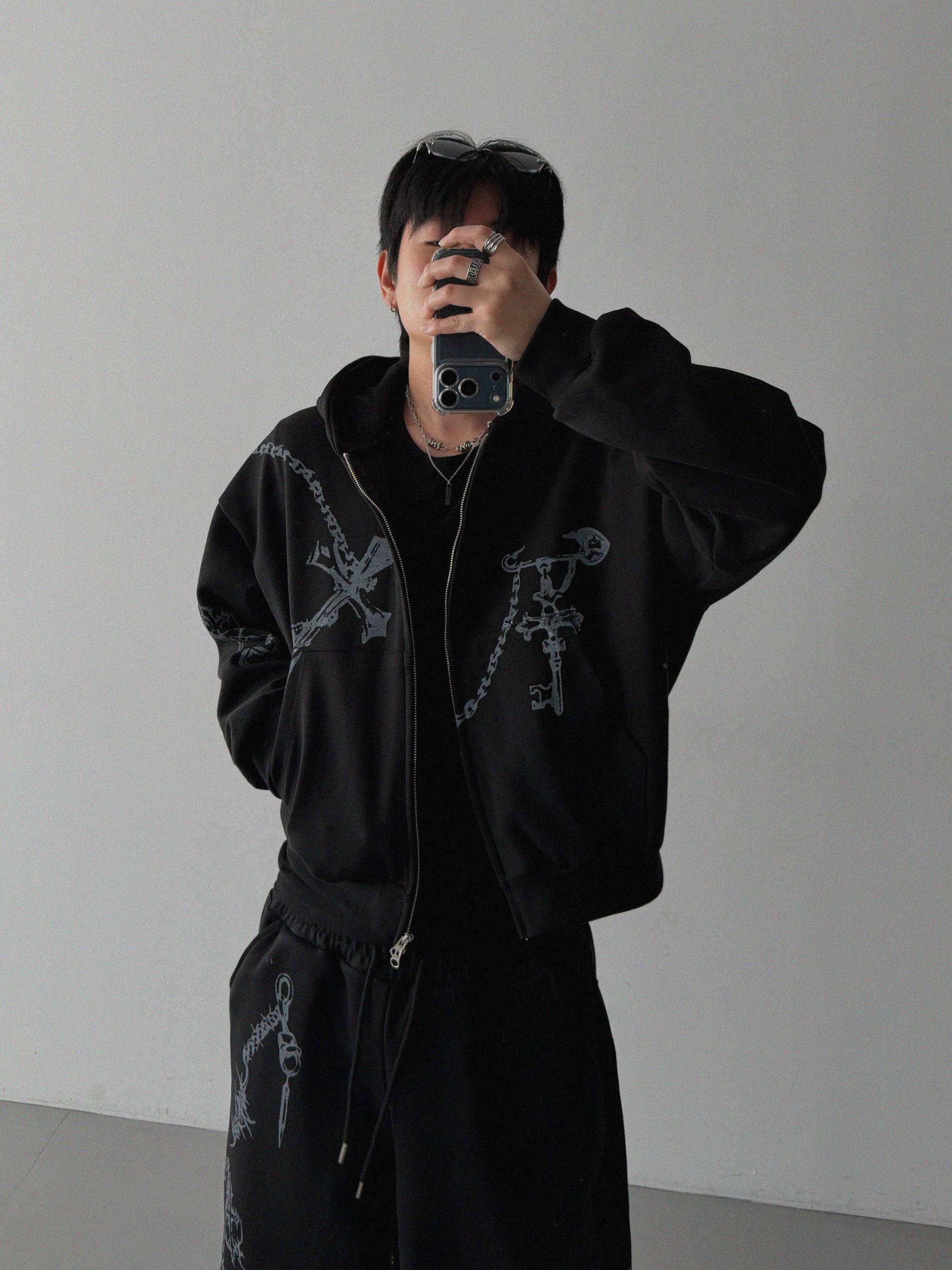 Keyring printed crop hood zip-up