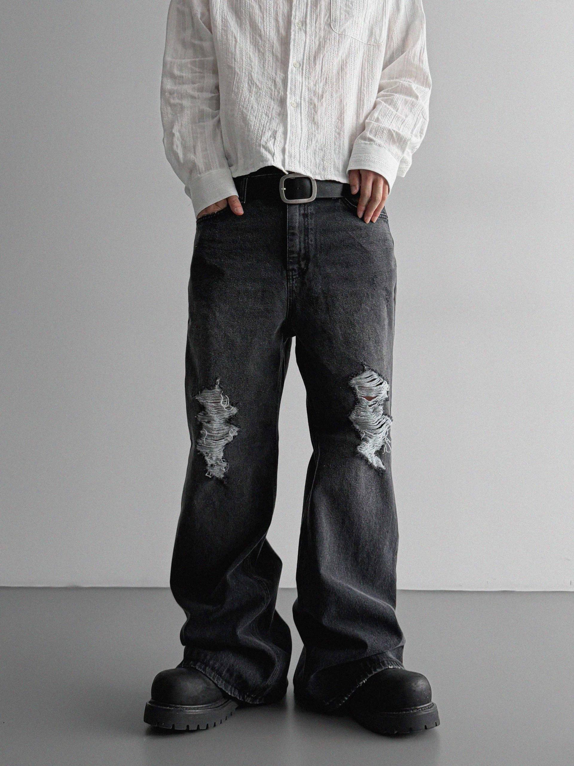 Black damage flared denim pants
