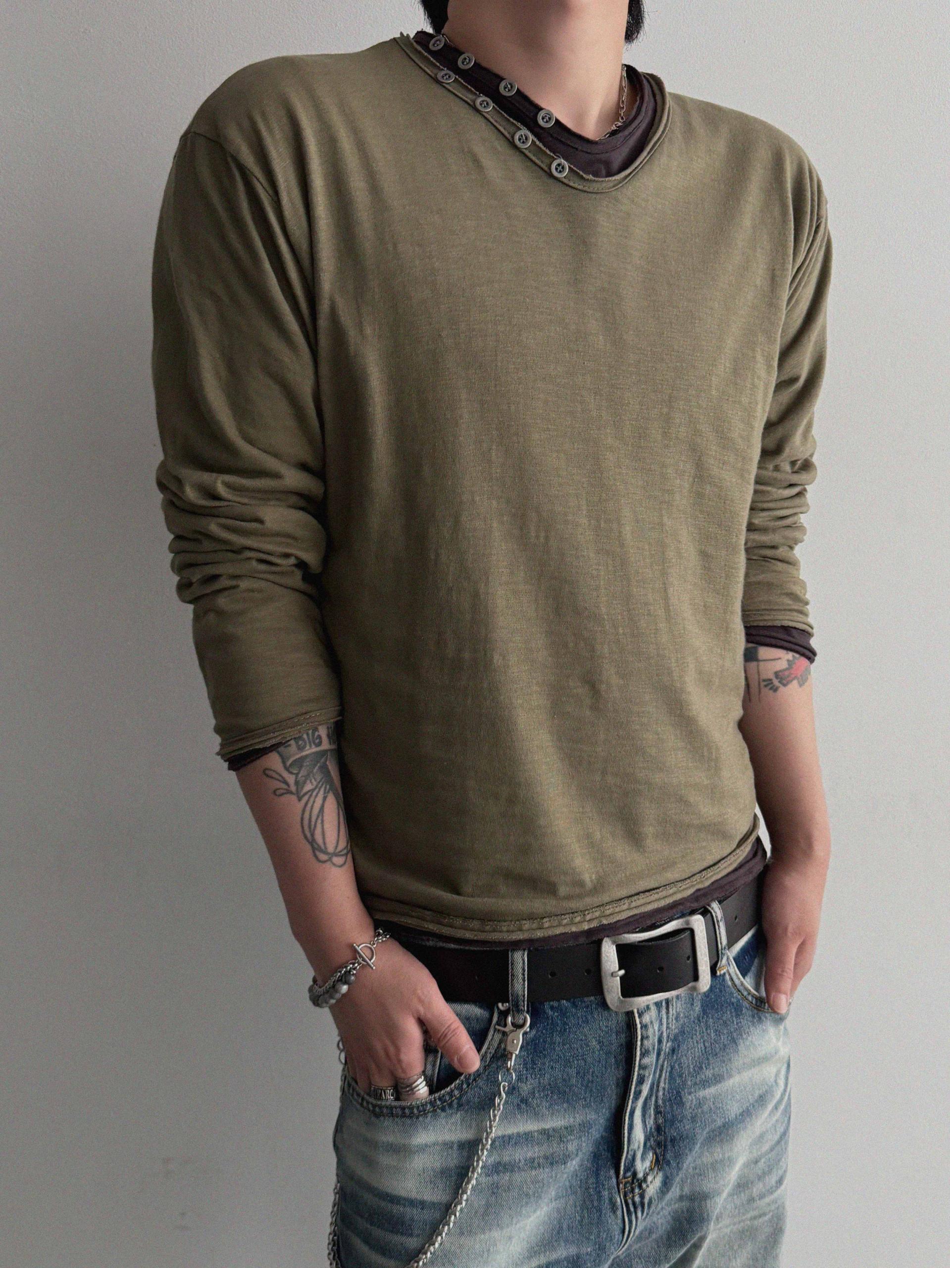 Button v-neck slub cutting crop t
