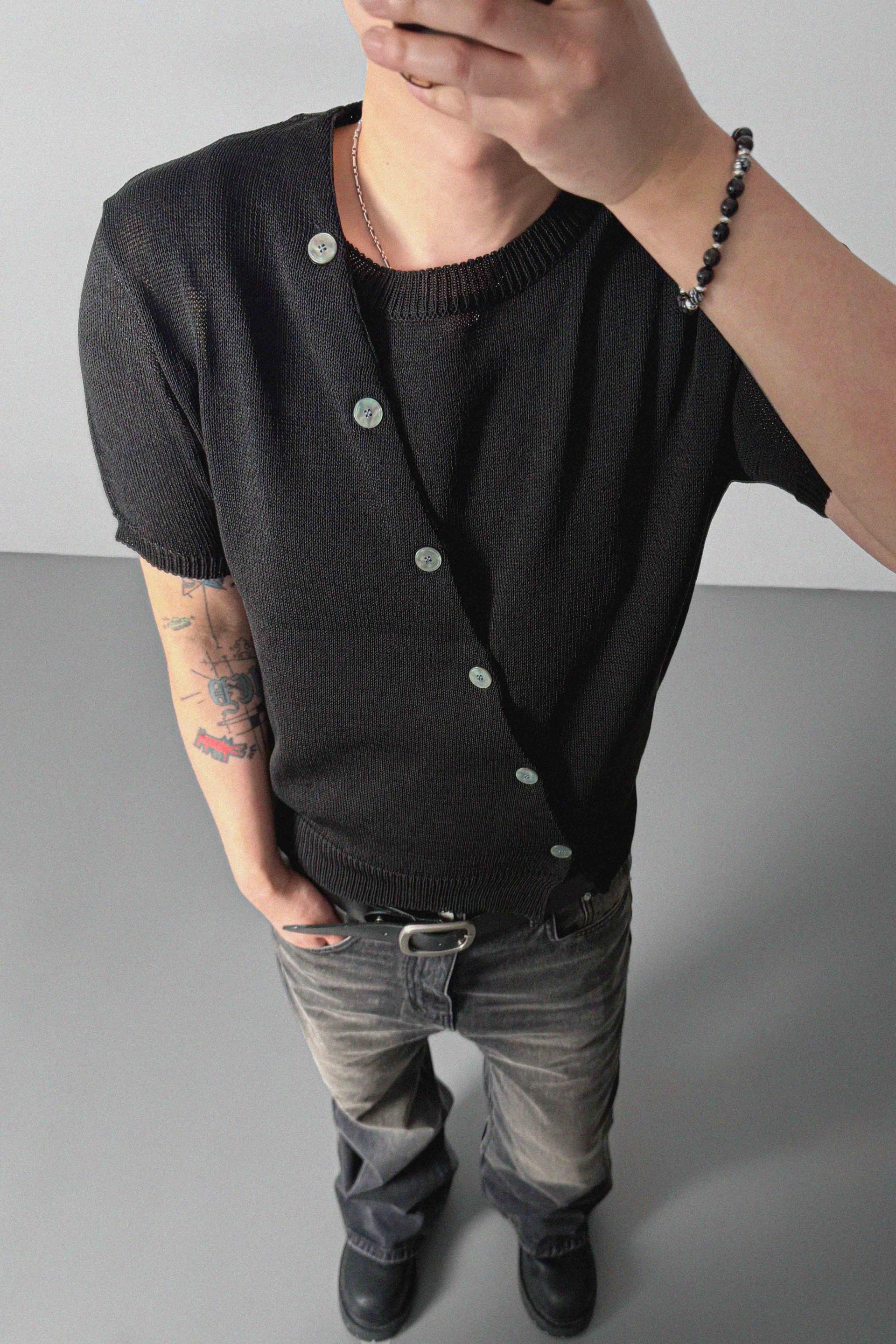 Slit button linen knit