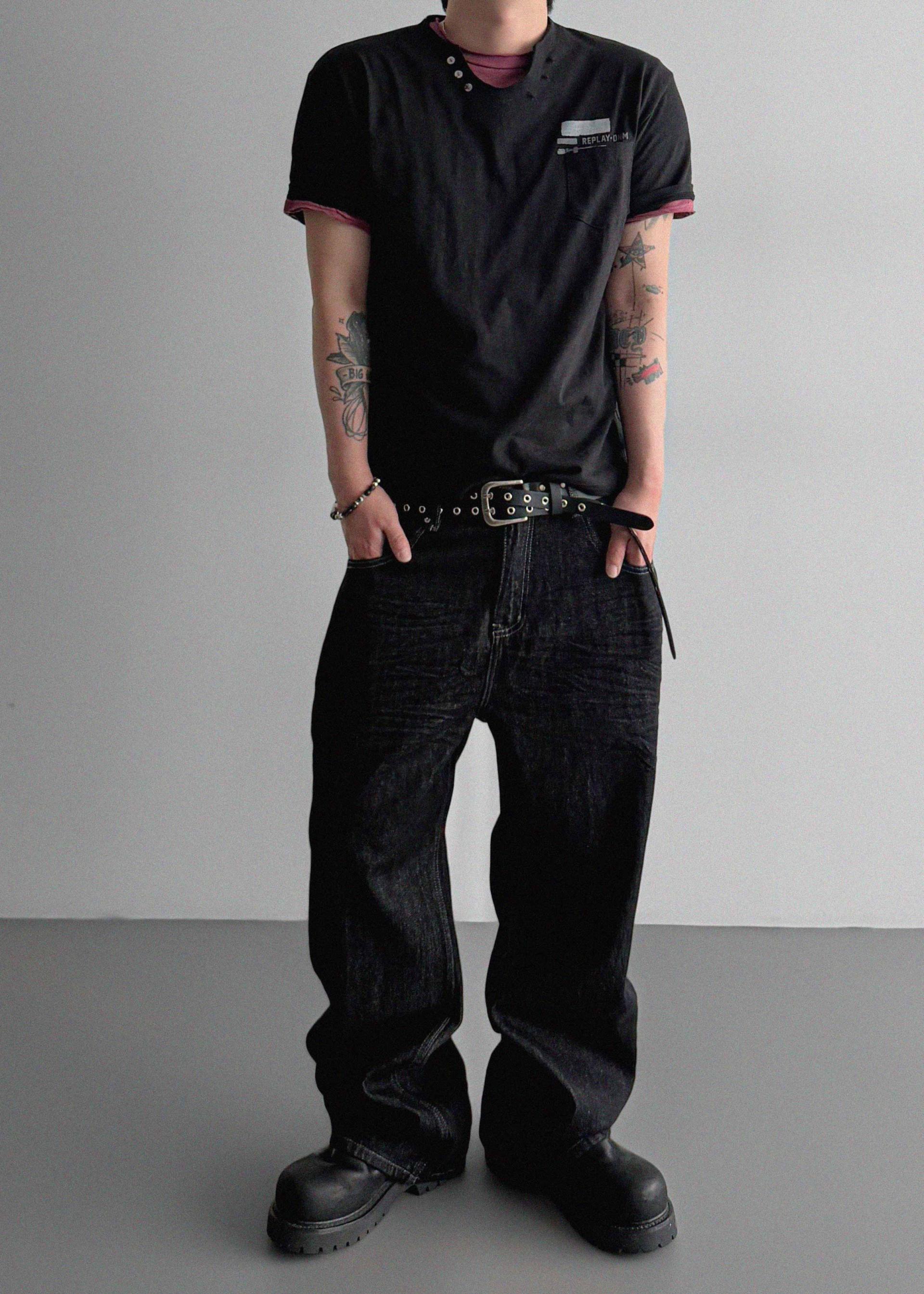 Embossed non-faded denim pants