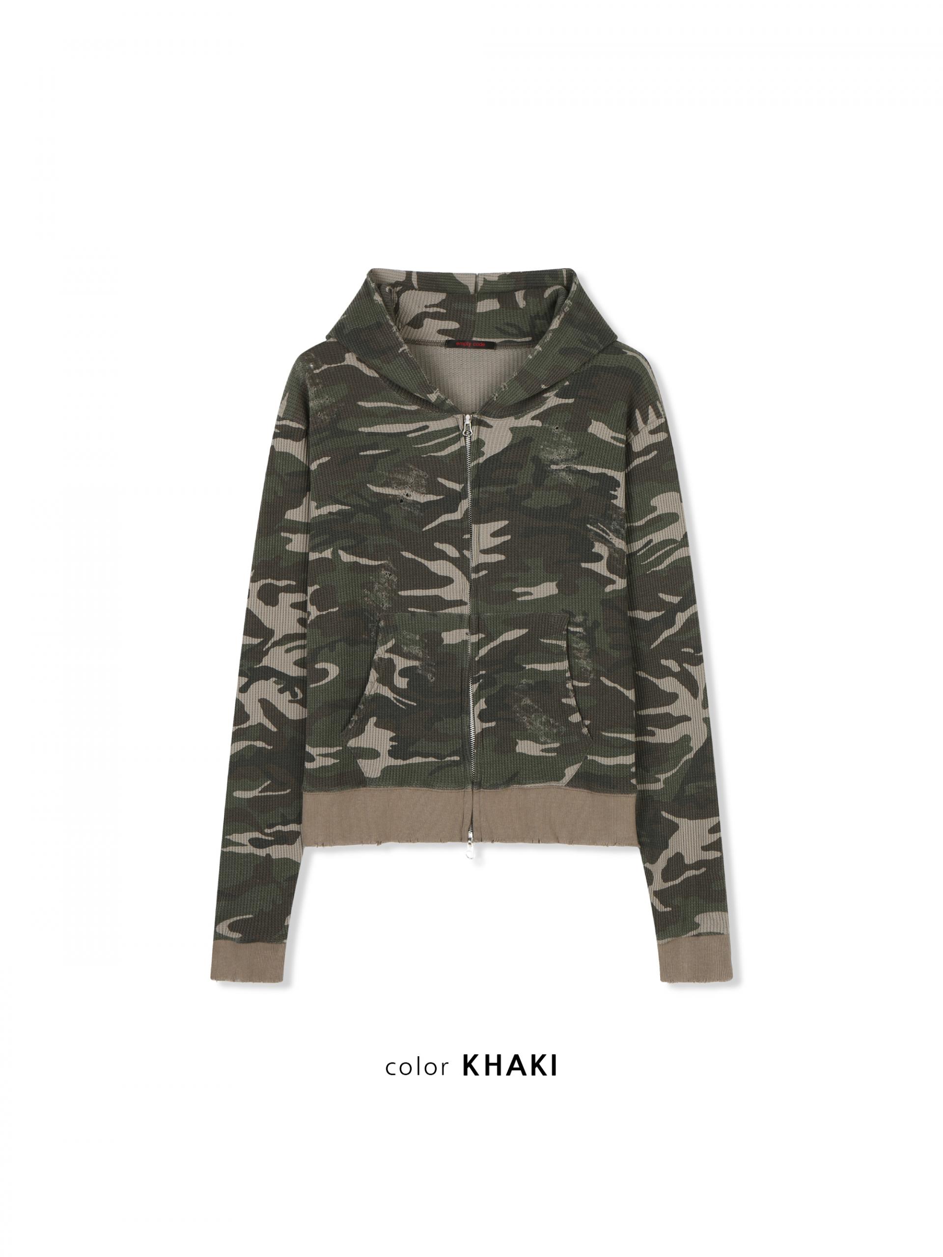 Destroyed camo crop hood zip-up