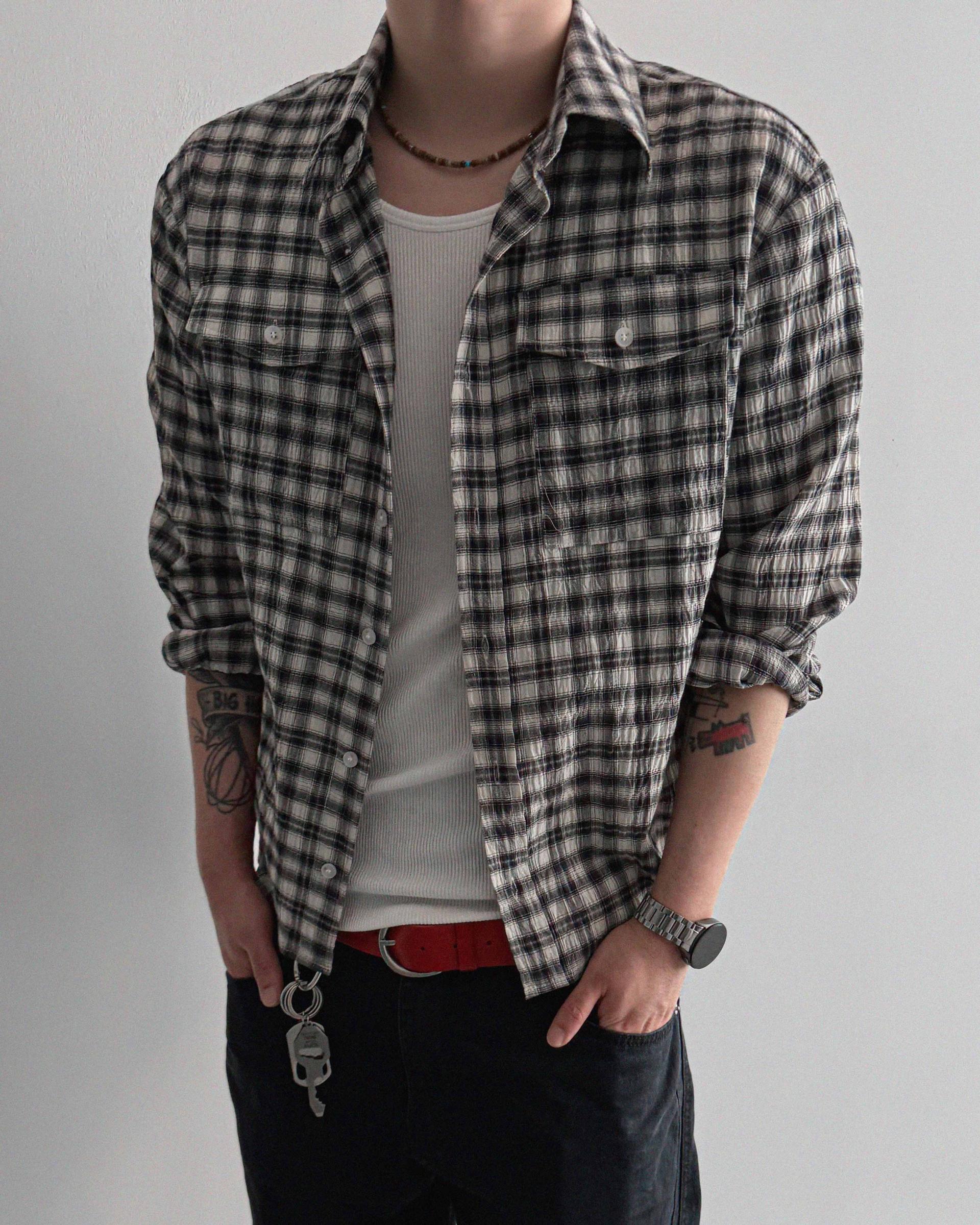 Linen two pocket crop check shirt
