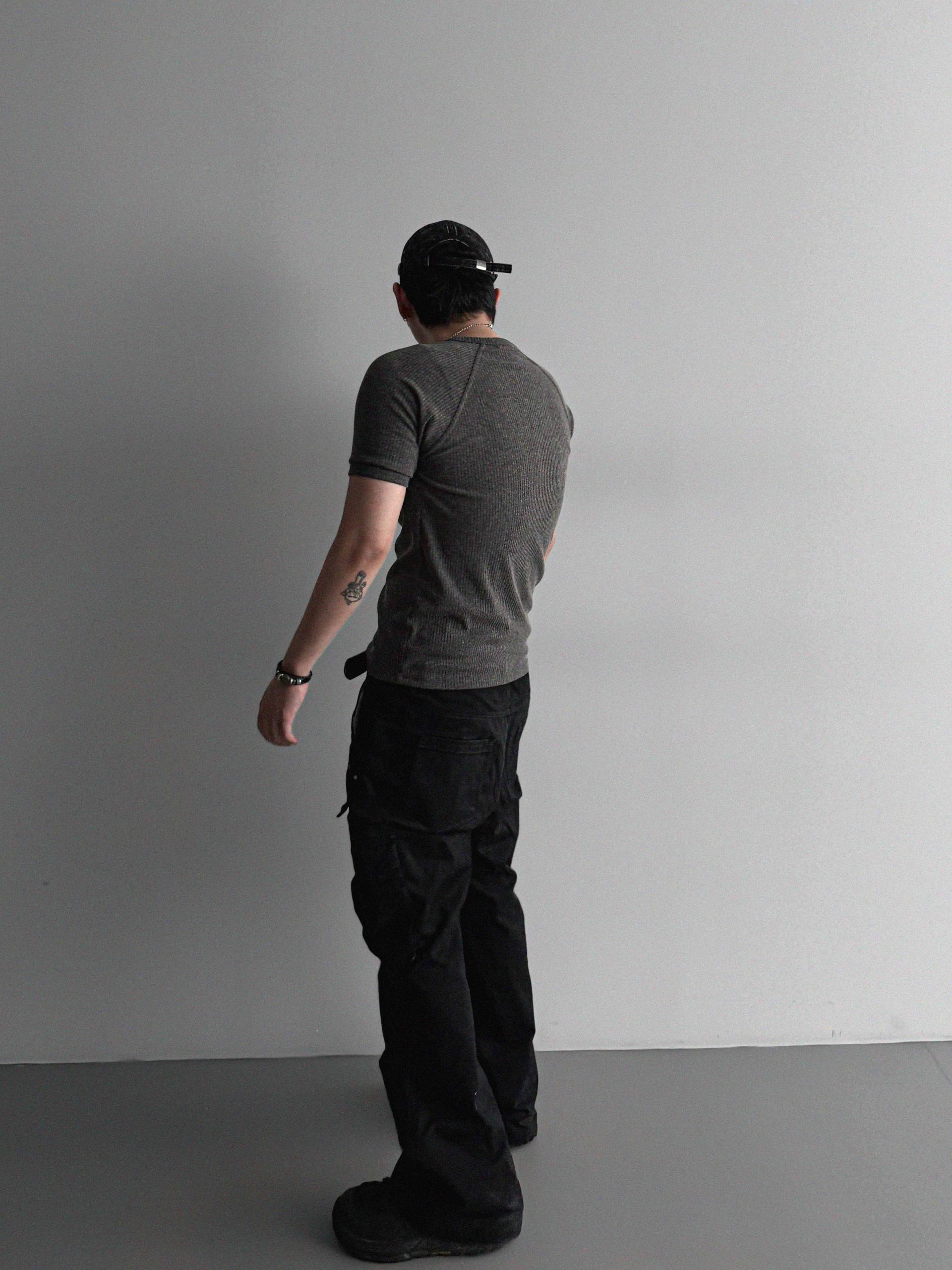 Fold ribbed henley neck muscle half t