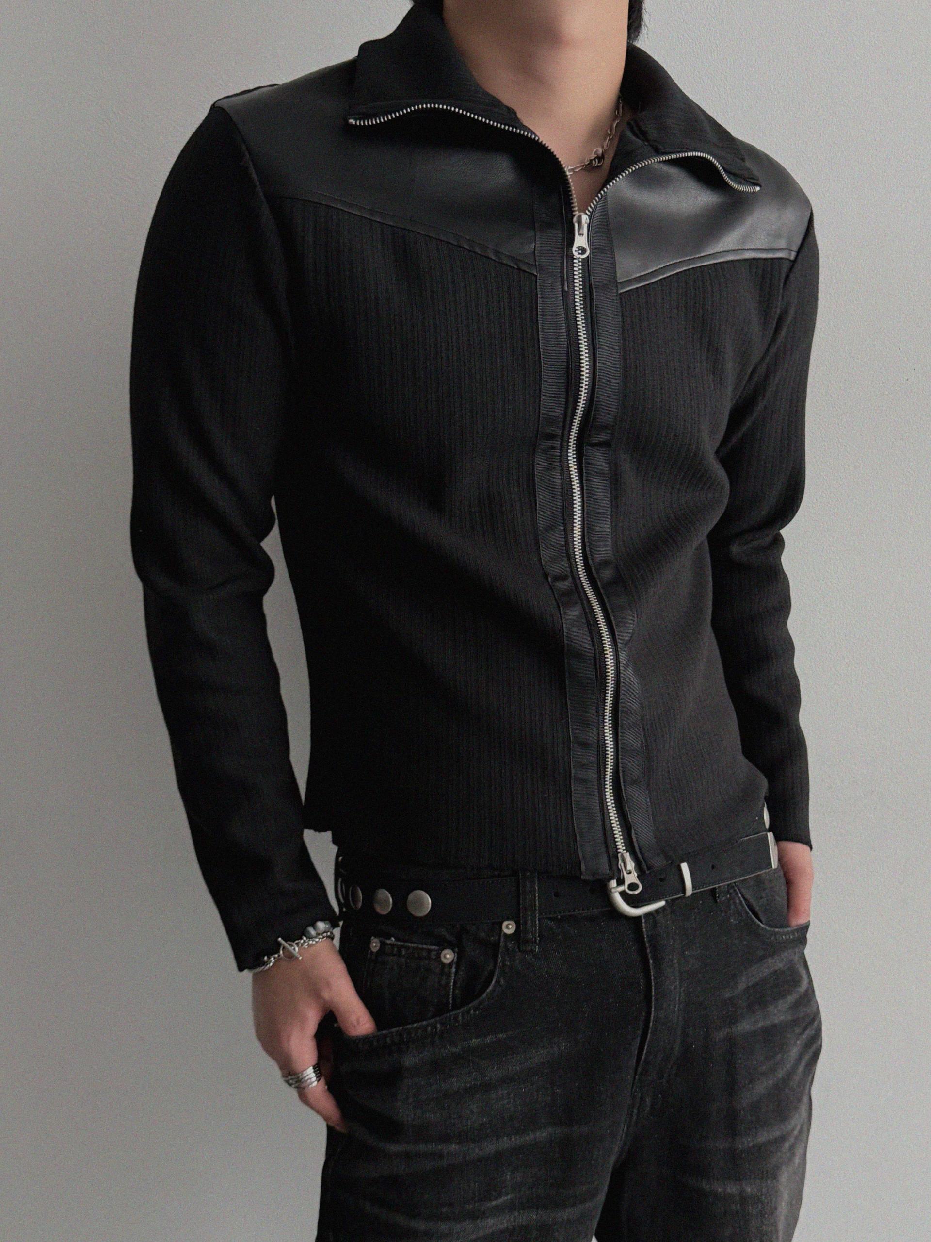 Shadow leather panel knit zip-up