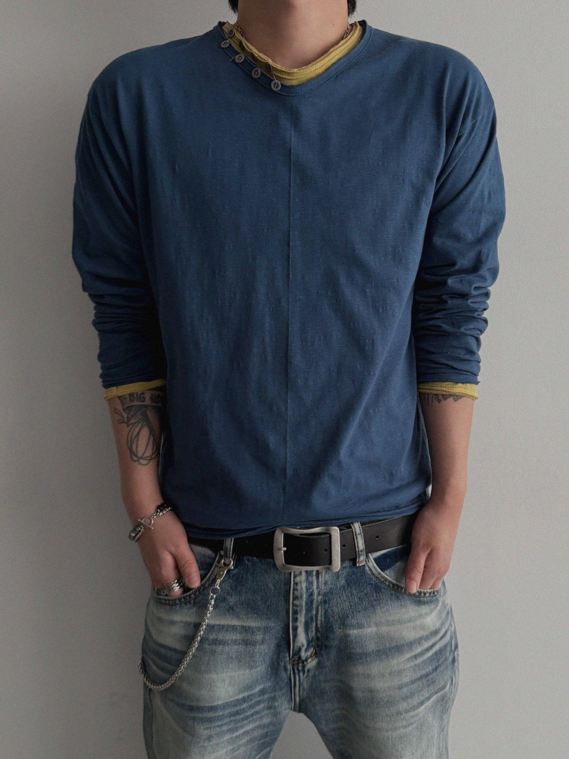 Button v-neck slub cutting crop t