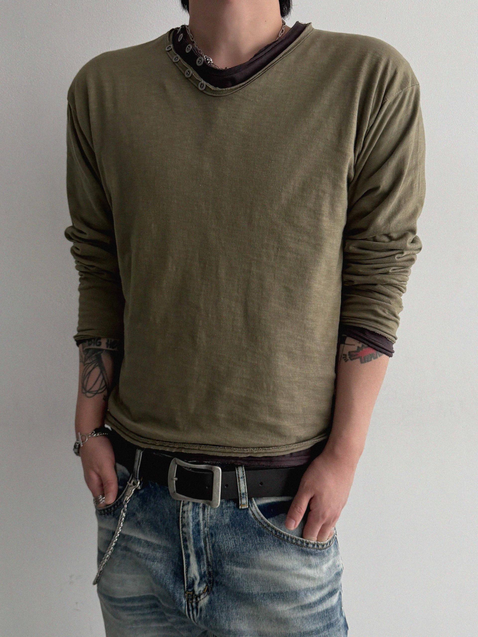 Button v-neck slub cutting crop t