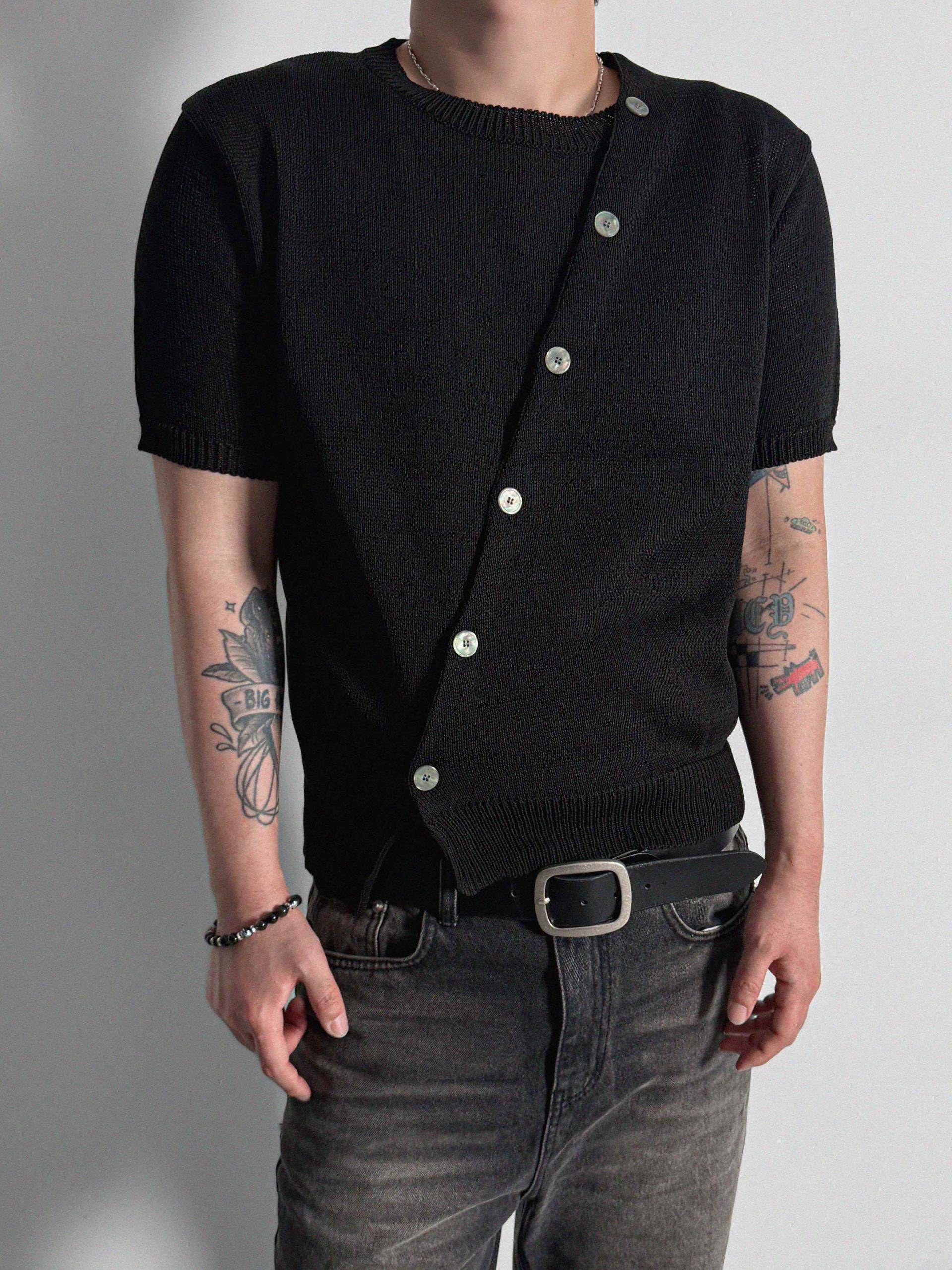 Slit button linen knit