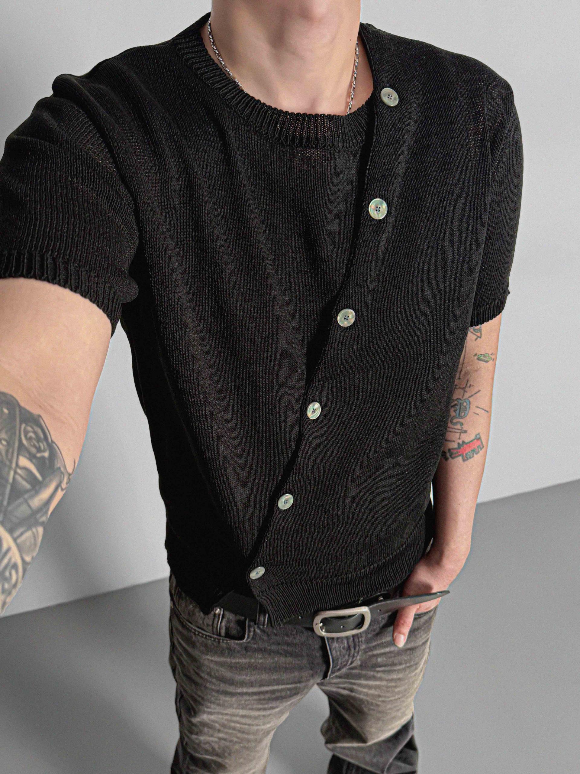 Slit button linen knit