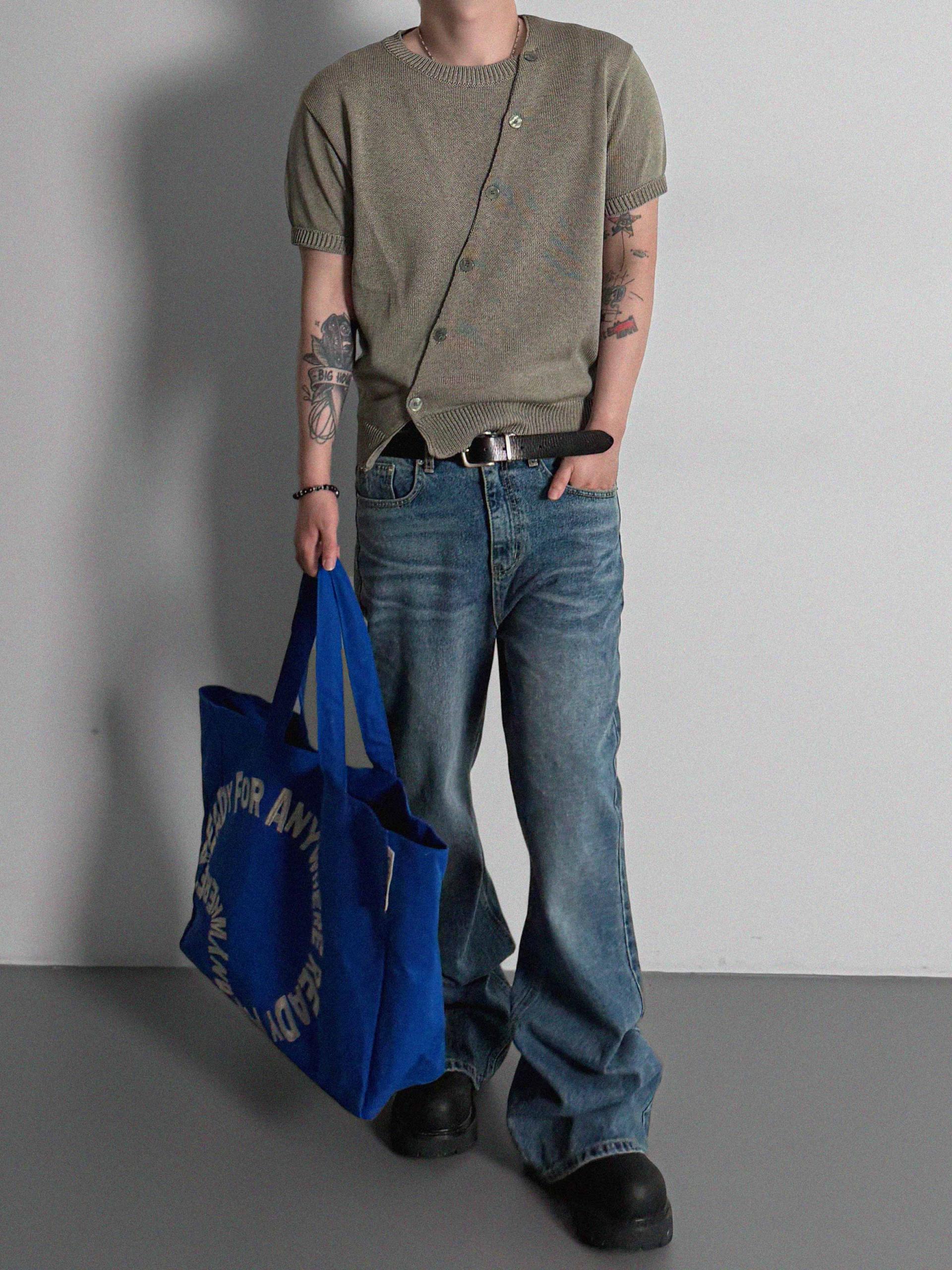 Slit button linen knit