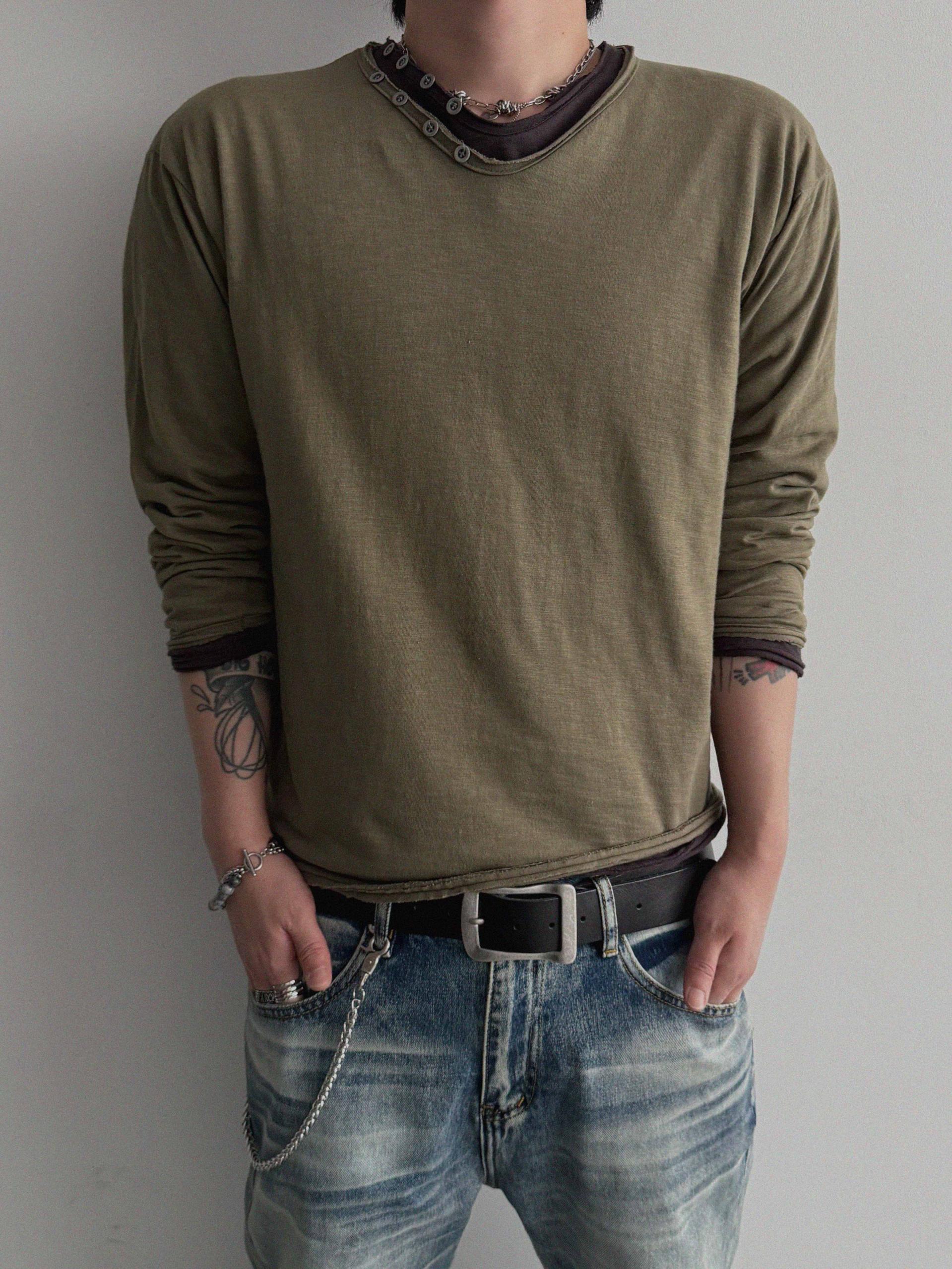 Button v-neck slub cutting crop t