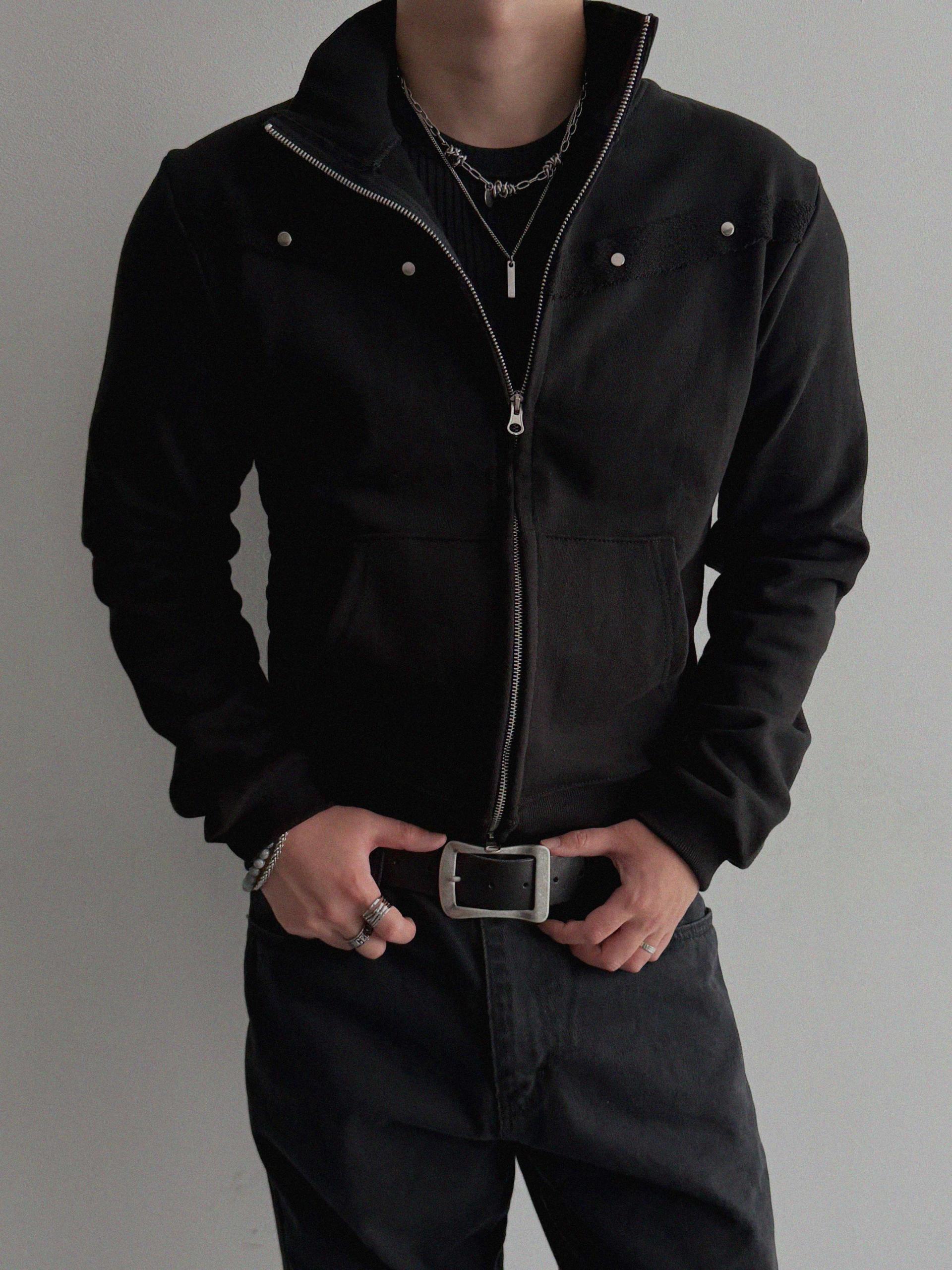 Fringe rivet slim high neck zip-up
