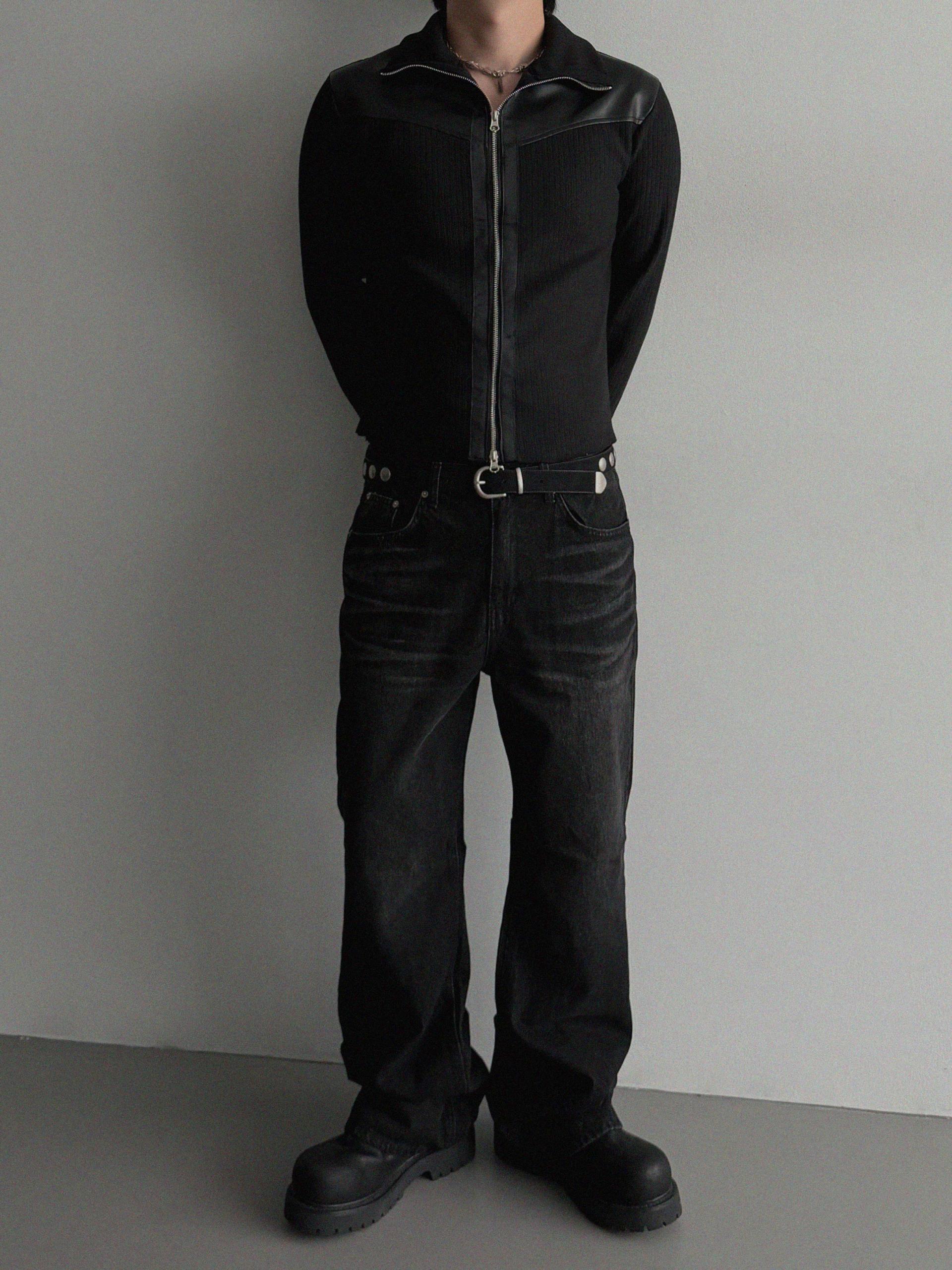 Shadow leather panel knit zip-up
