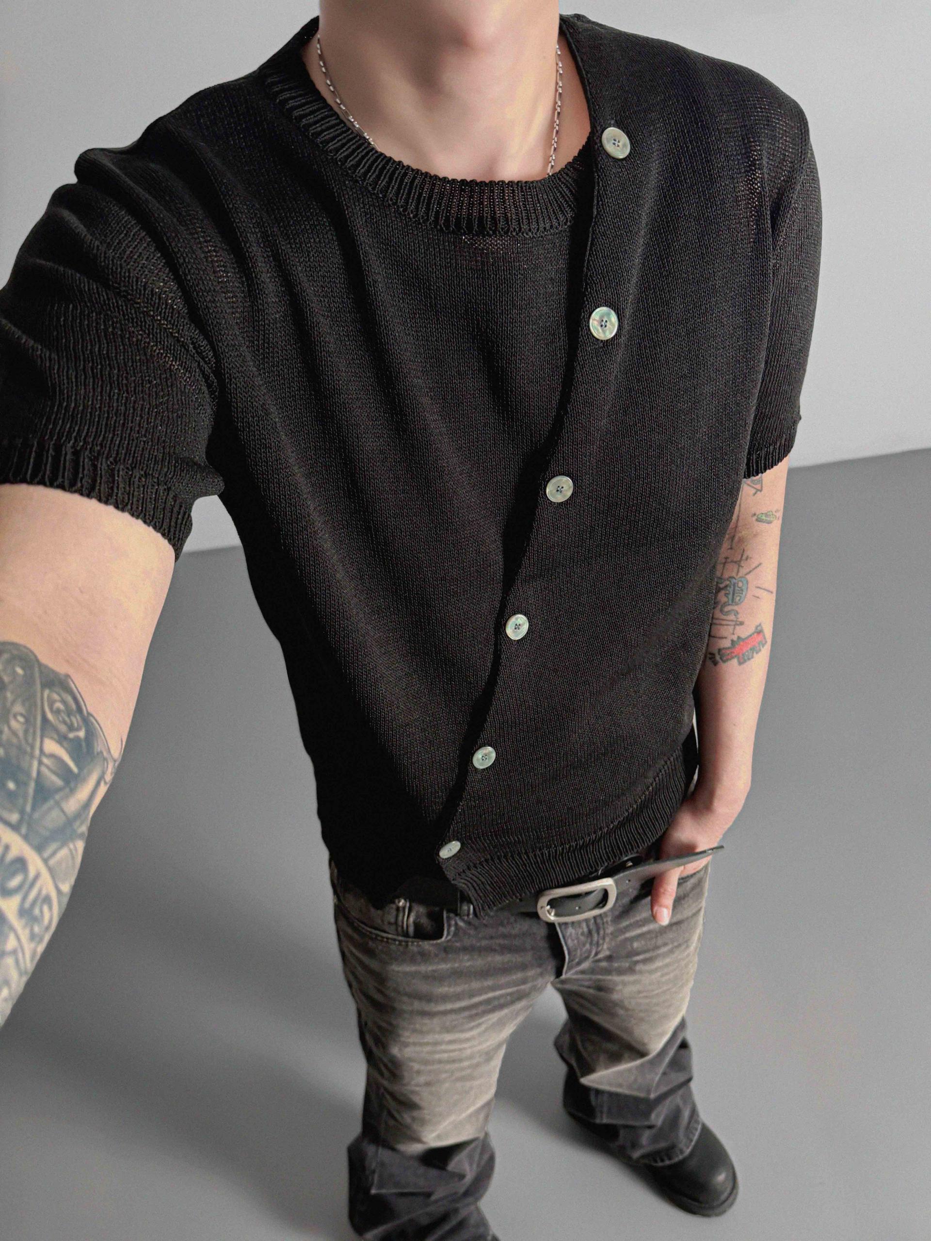Slit button linen knit