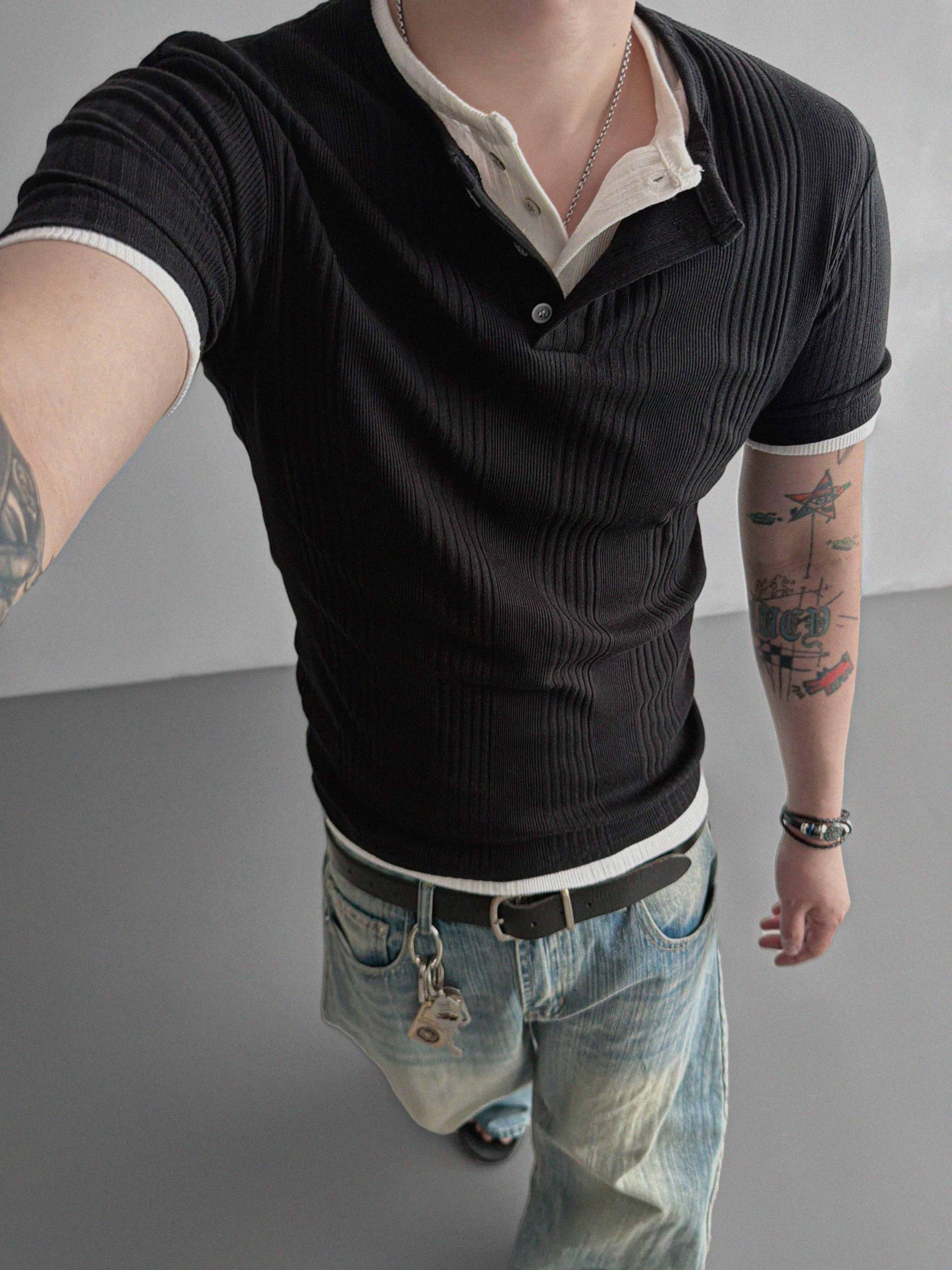 Terrace henley ceck slim half T