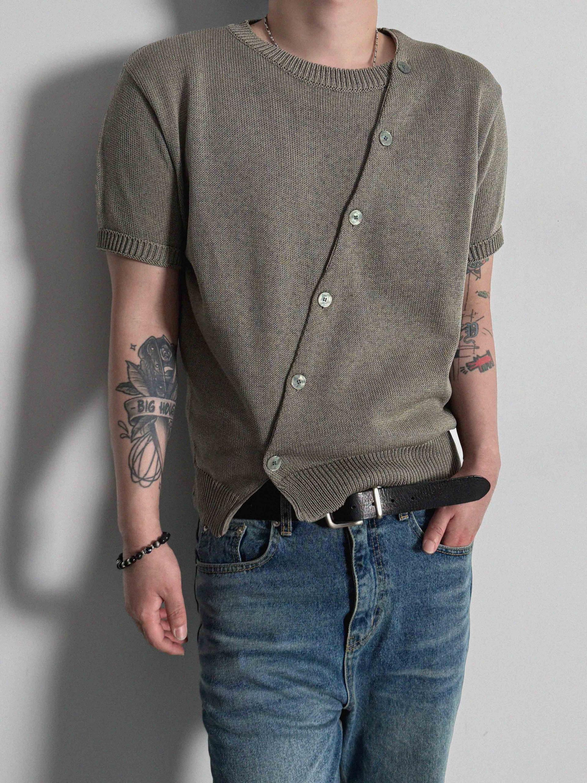 Slit button linen knit