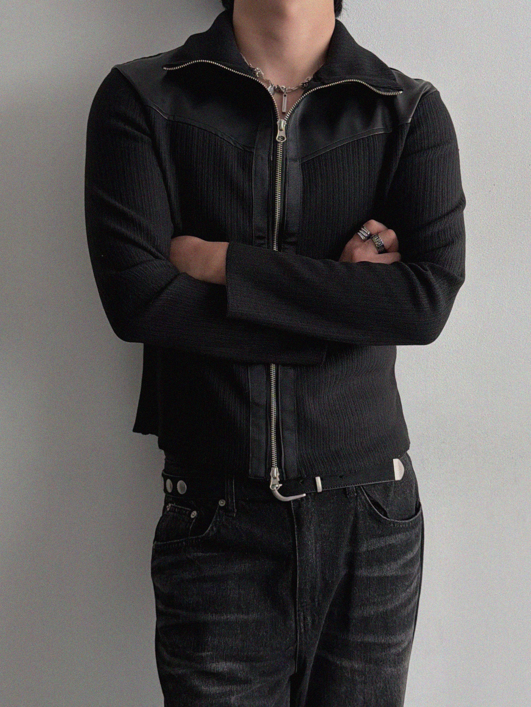 Shadow leather panel knit zip-up