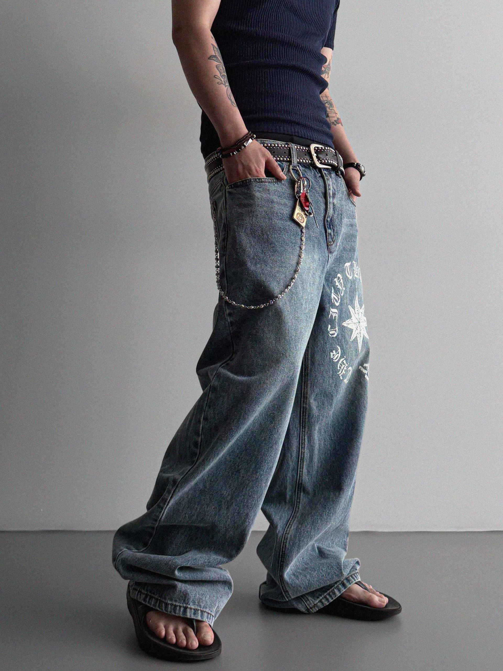 Star lettering curved denim pants