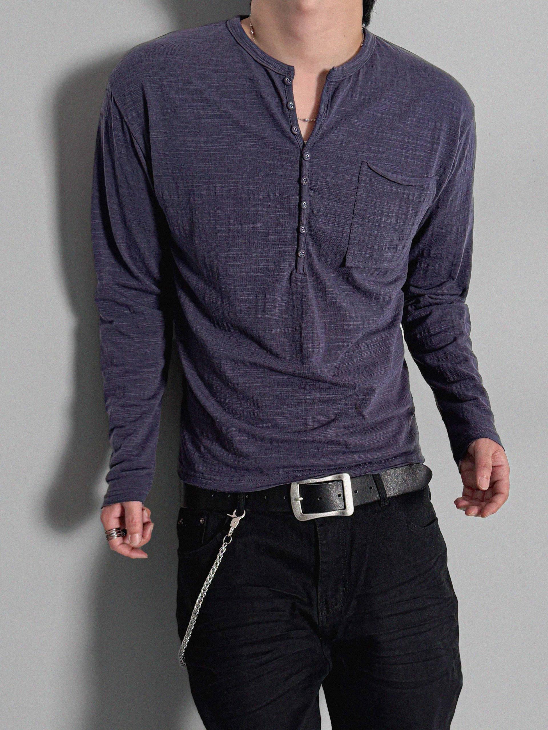 Button slub henley neck slim t