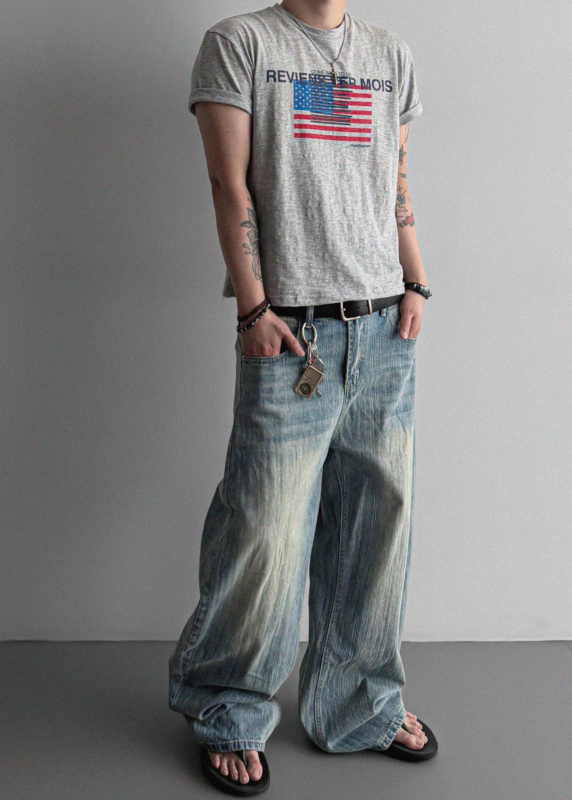 Striped washed curved denim pants