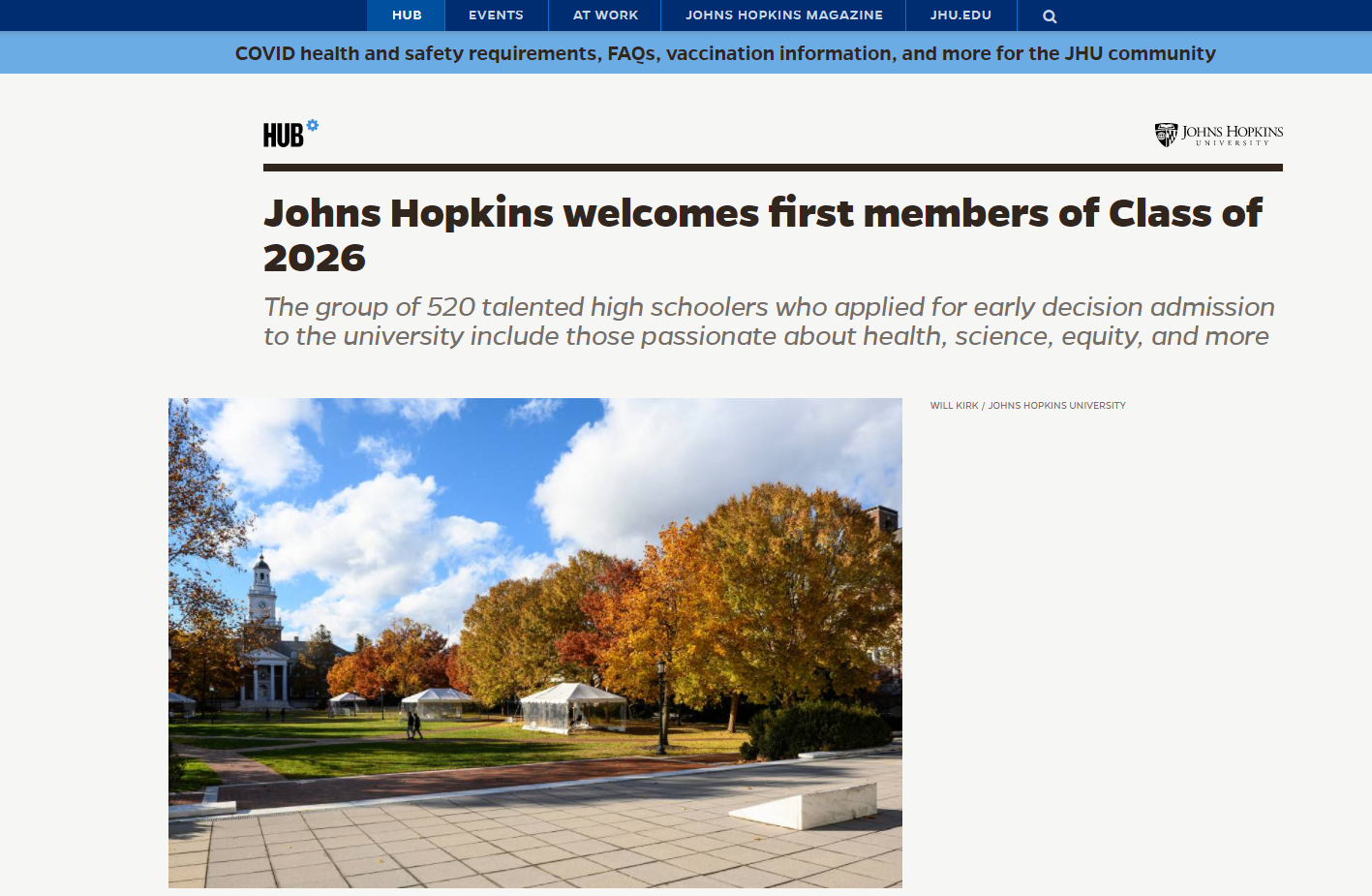 Johns Hopkins Admits 520 Early Decision I Applicants to Class of 2026