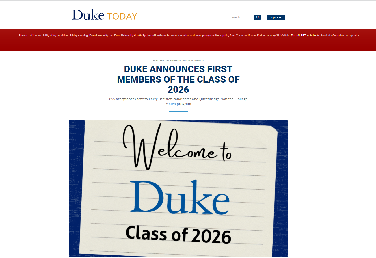 Duke Admits 21 Percent of Early Decision Applicants to the Class of