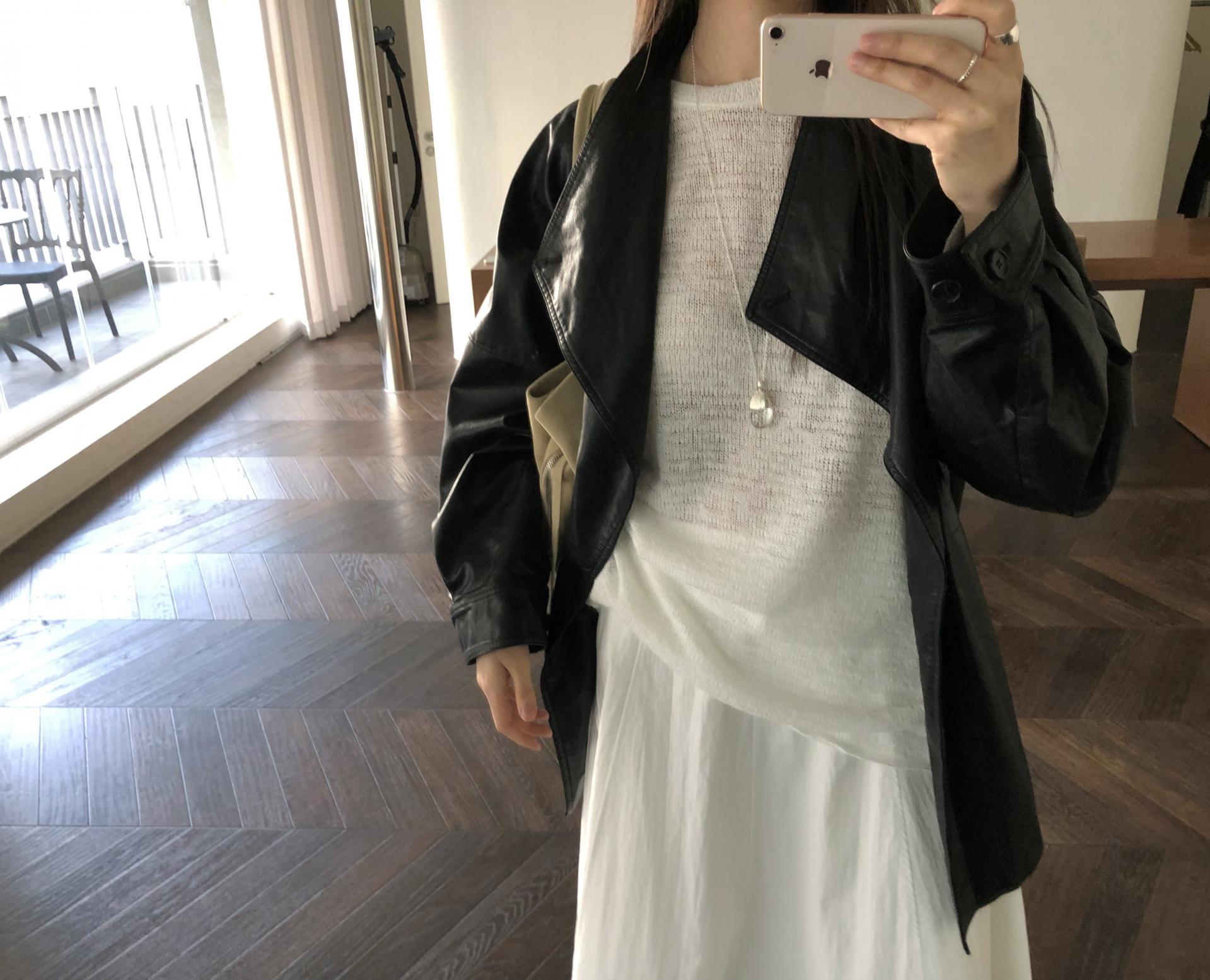 Leather half trench coat ( black )