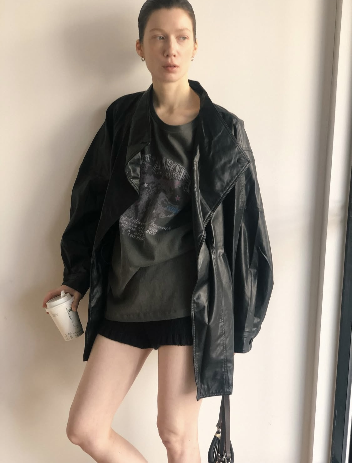 Leather half trench coat ( black )