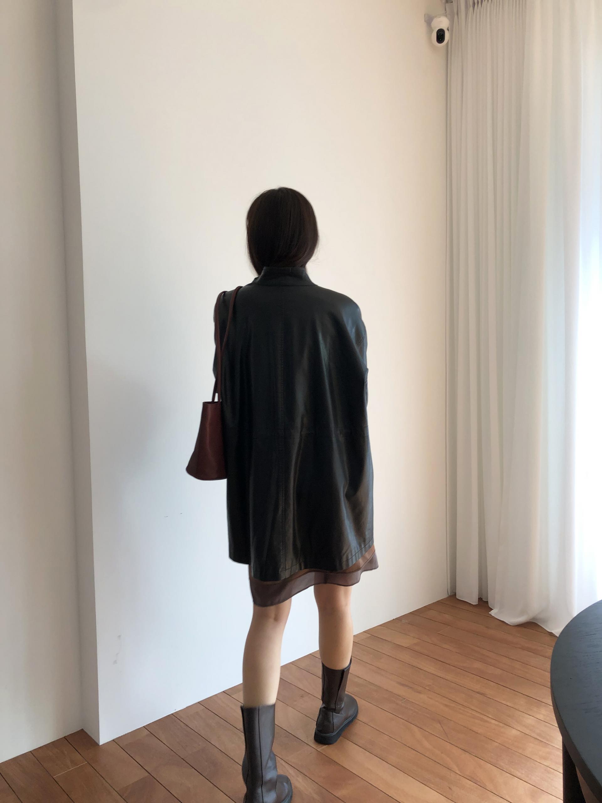 Leather half trench coat ( black )