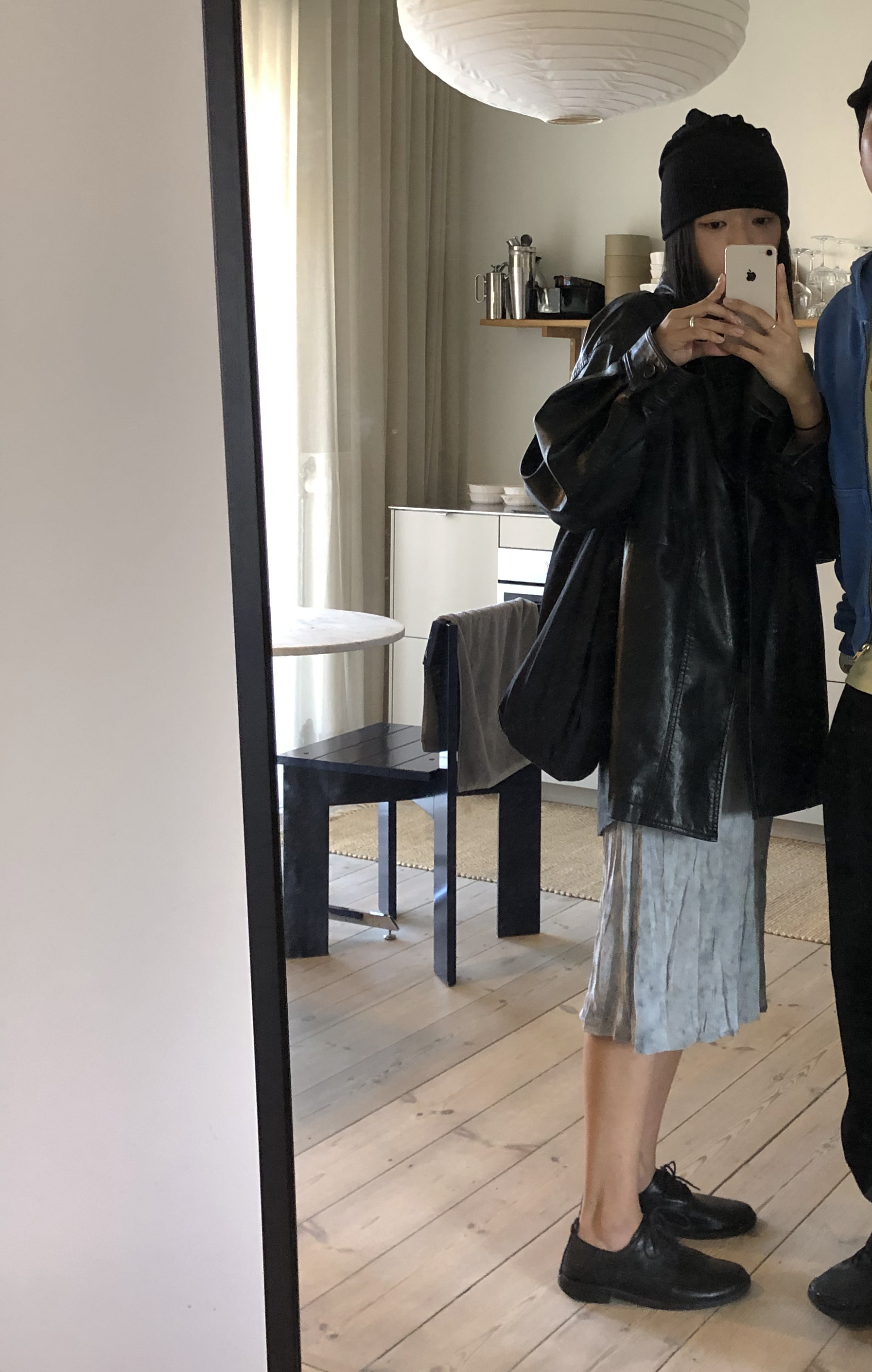 Leather half trench coat ( black )