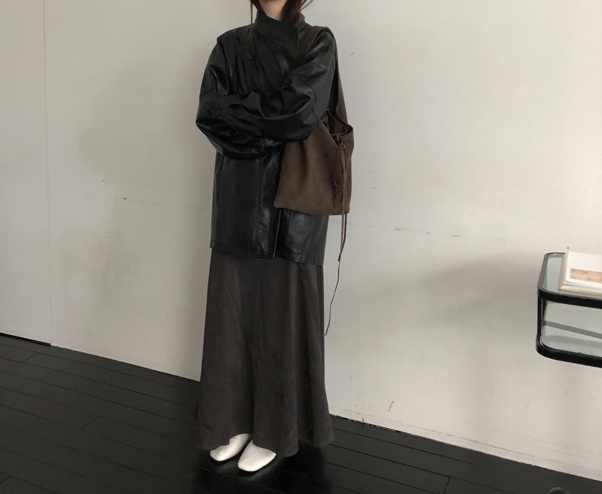 Leather half trench coat ( black )
