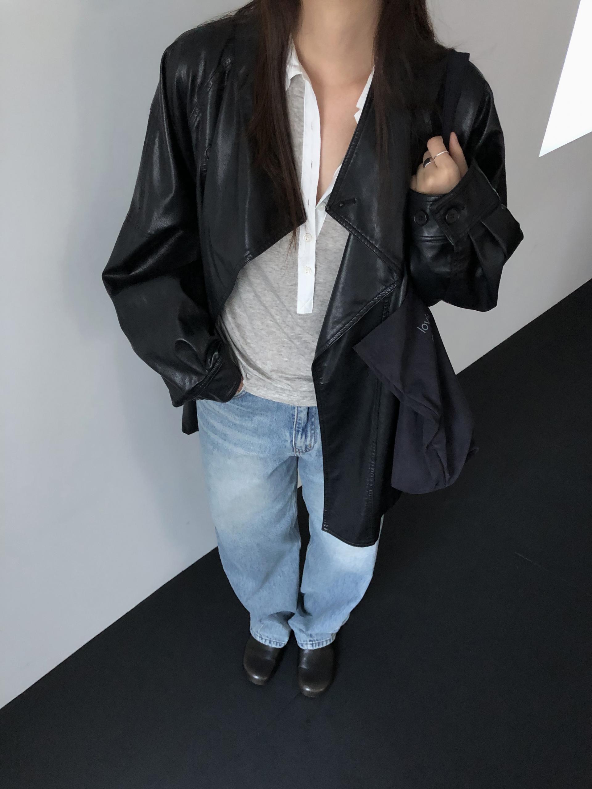 Leather half trench coat ( black )