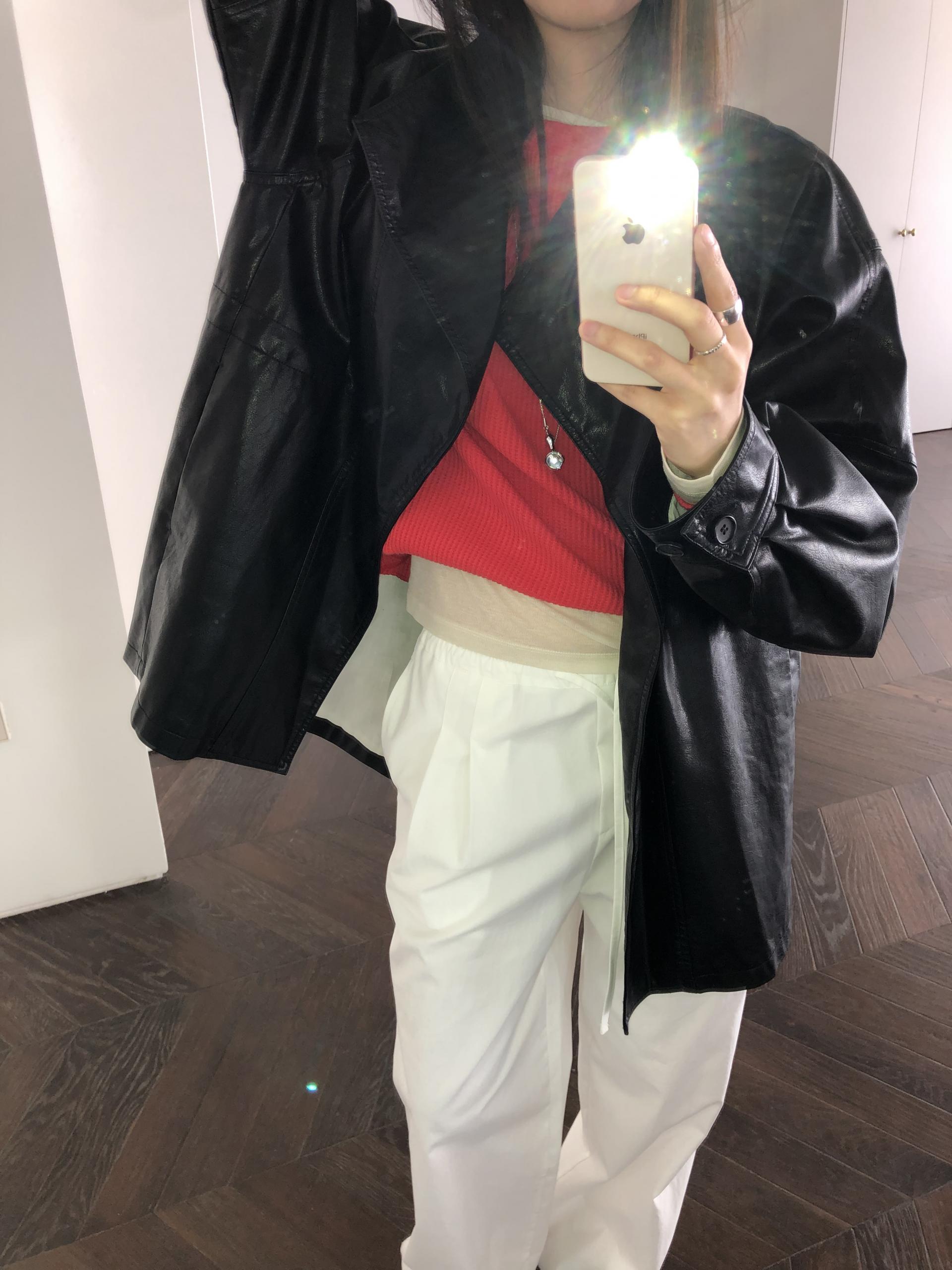 Leather half trench coat ( black )
