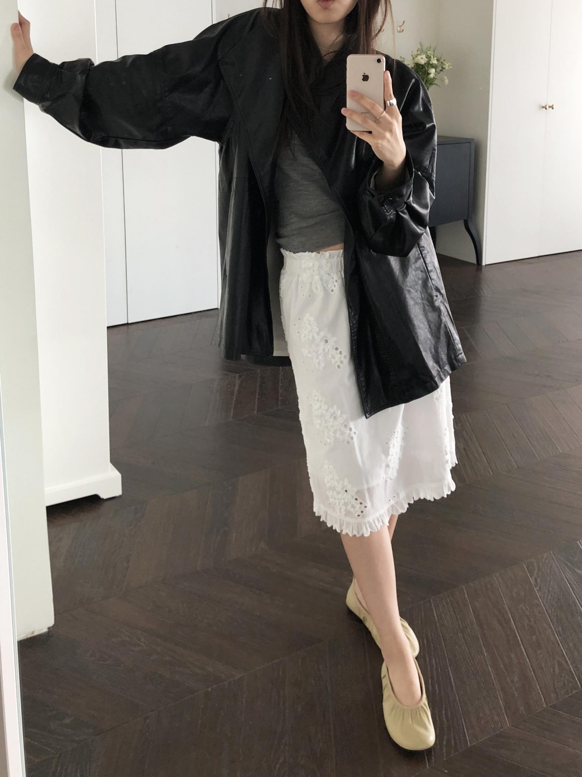 Leather half trench coat ( black )