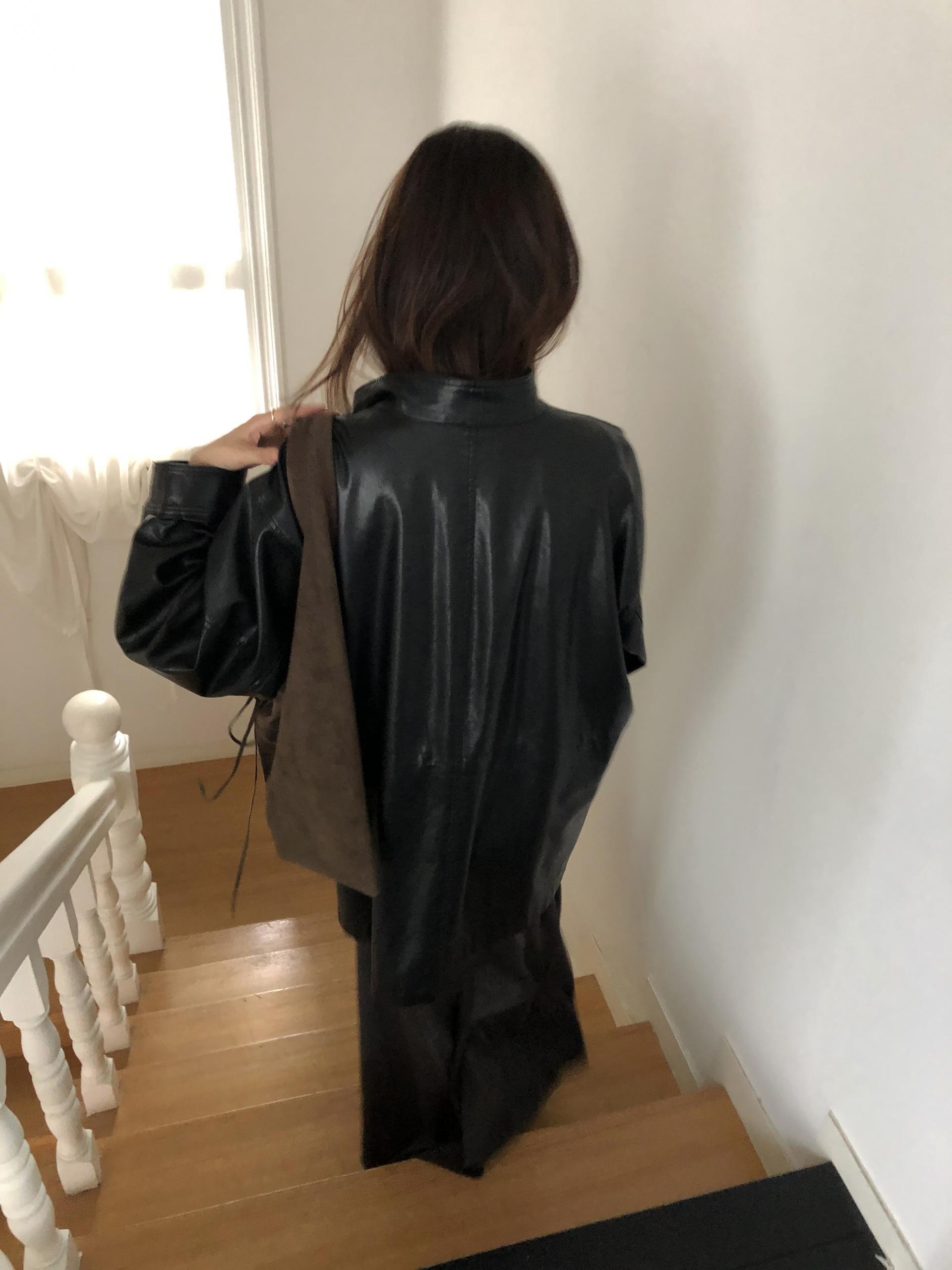 Leather half trench coat ( black )