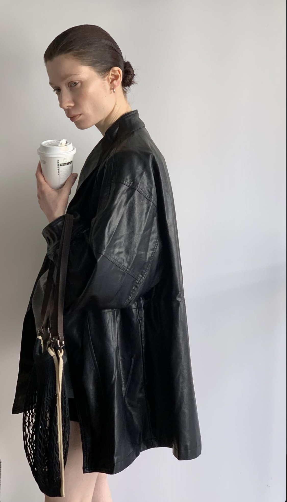 Leather half trench coat ( black )