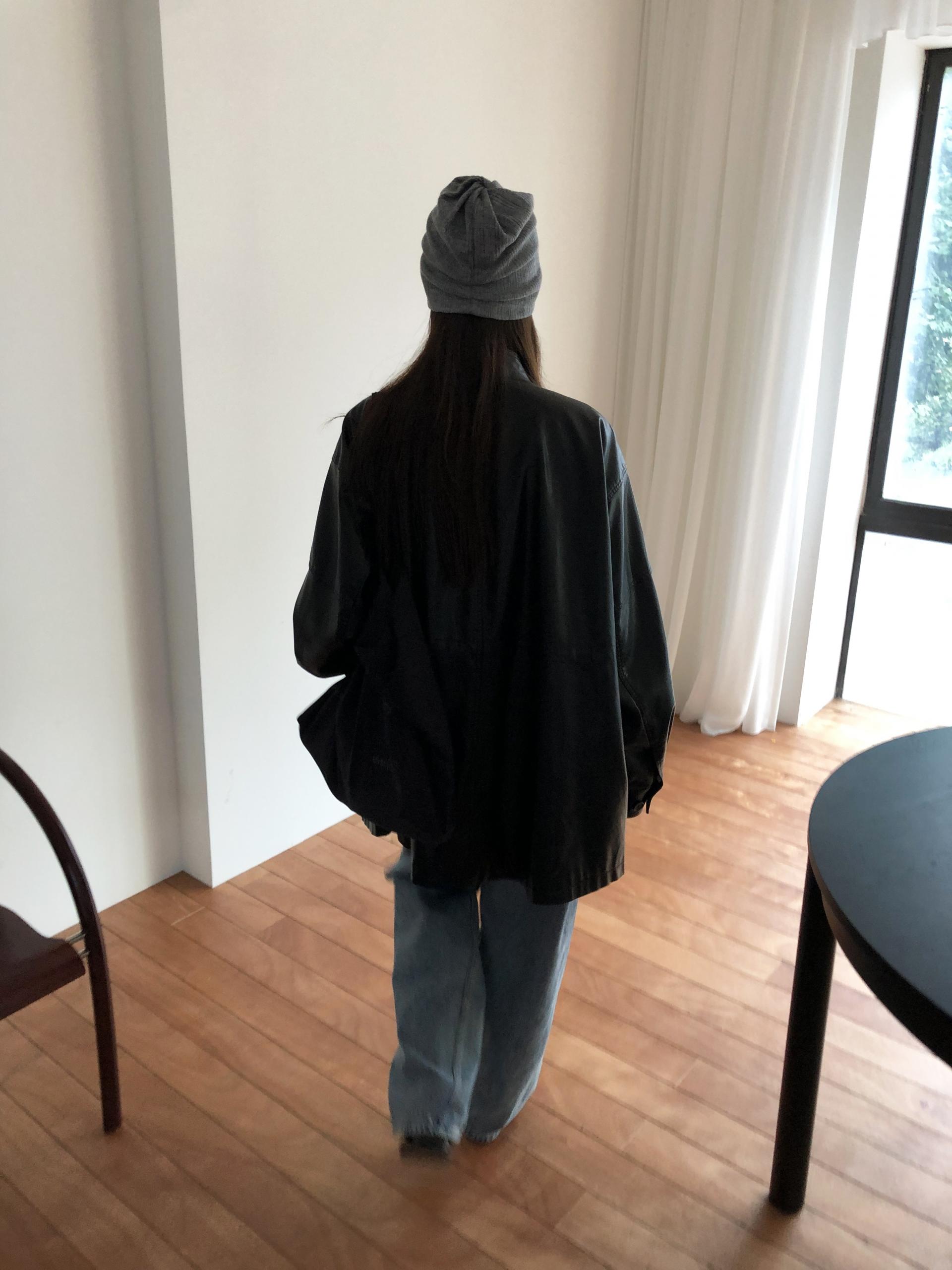 Leather half trench coat ( black )