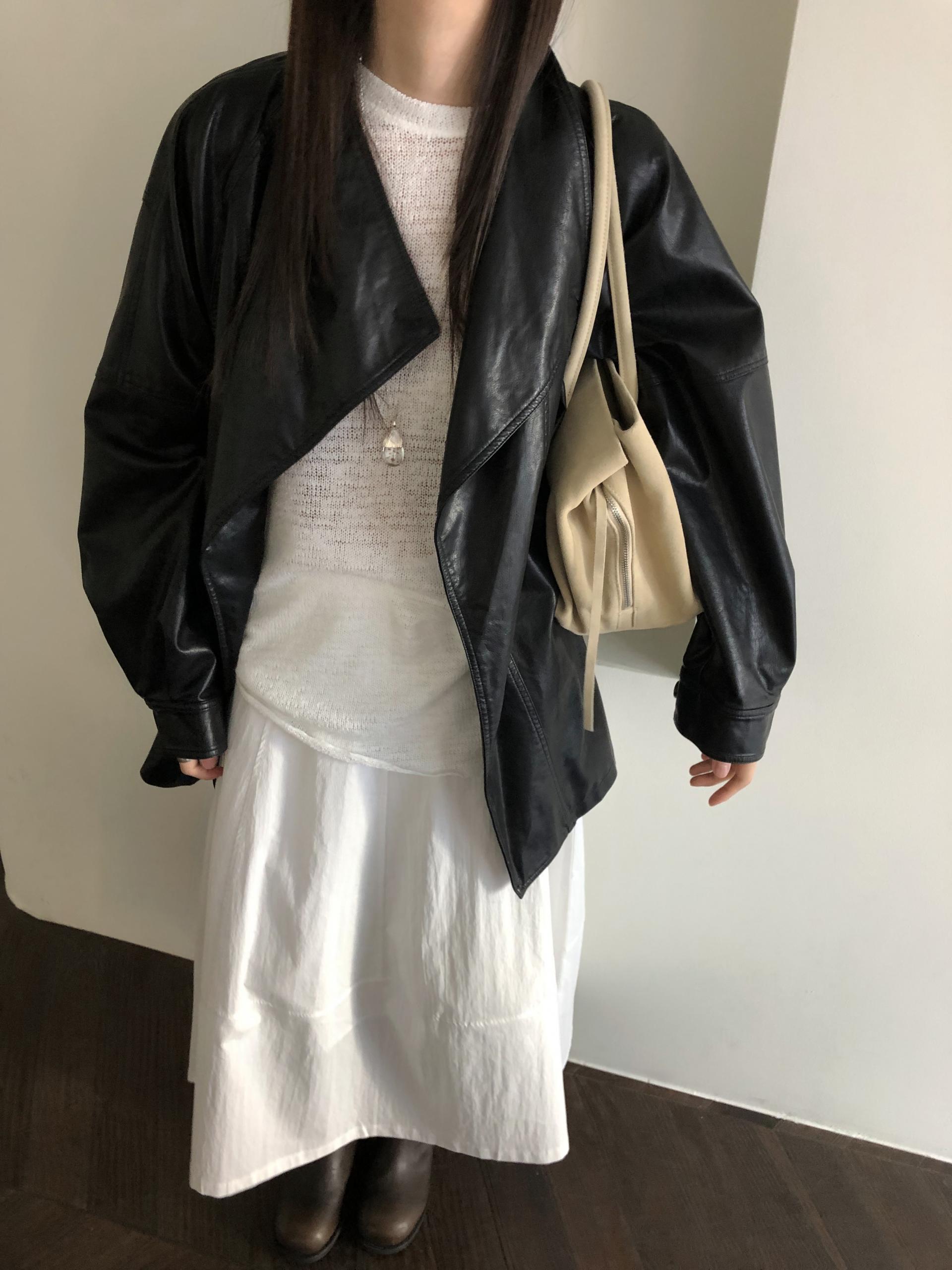 Leather half trench coat ( black )