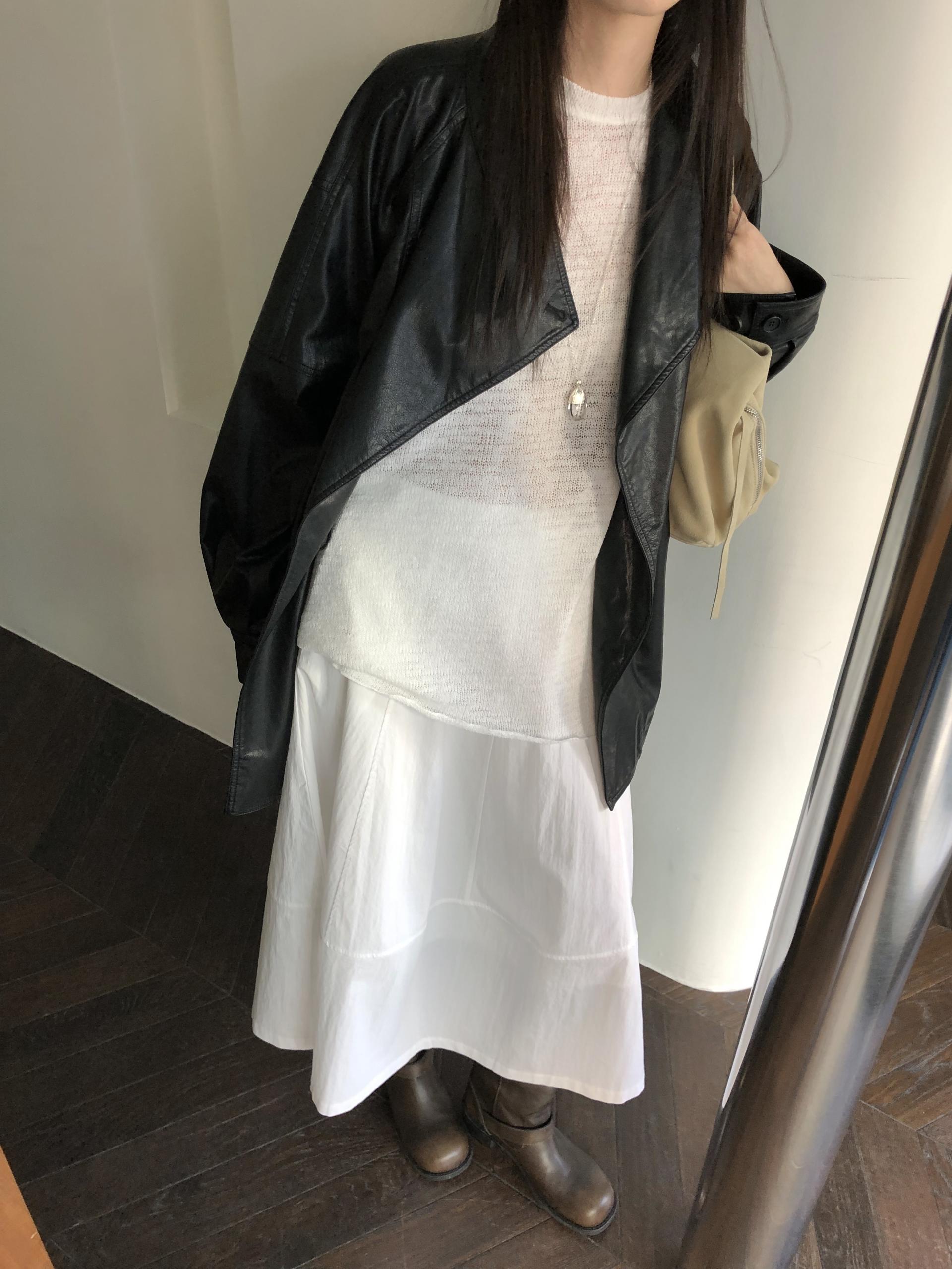 Leather half trench coat ( black )