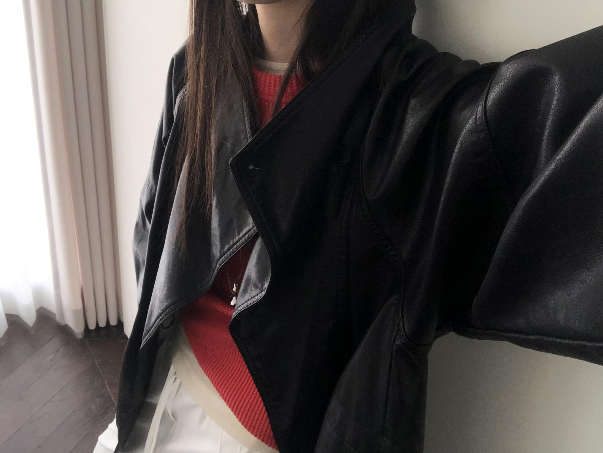 Leather half trench coat ( black )