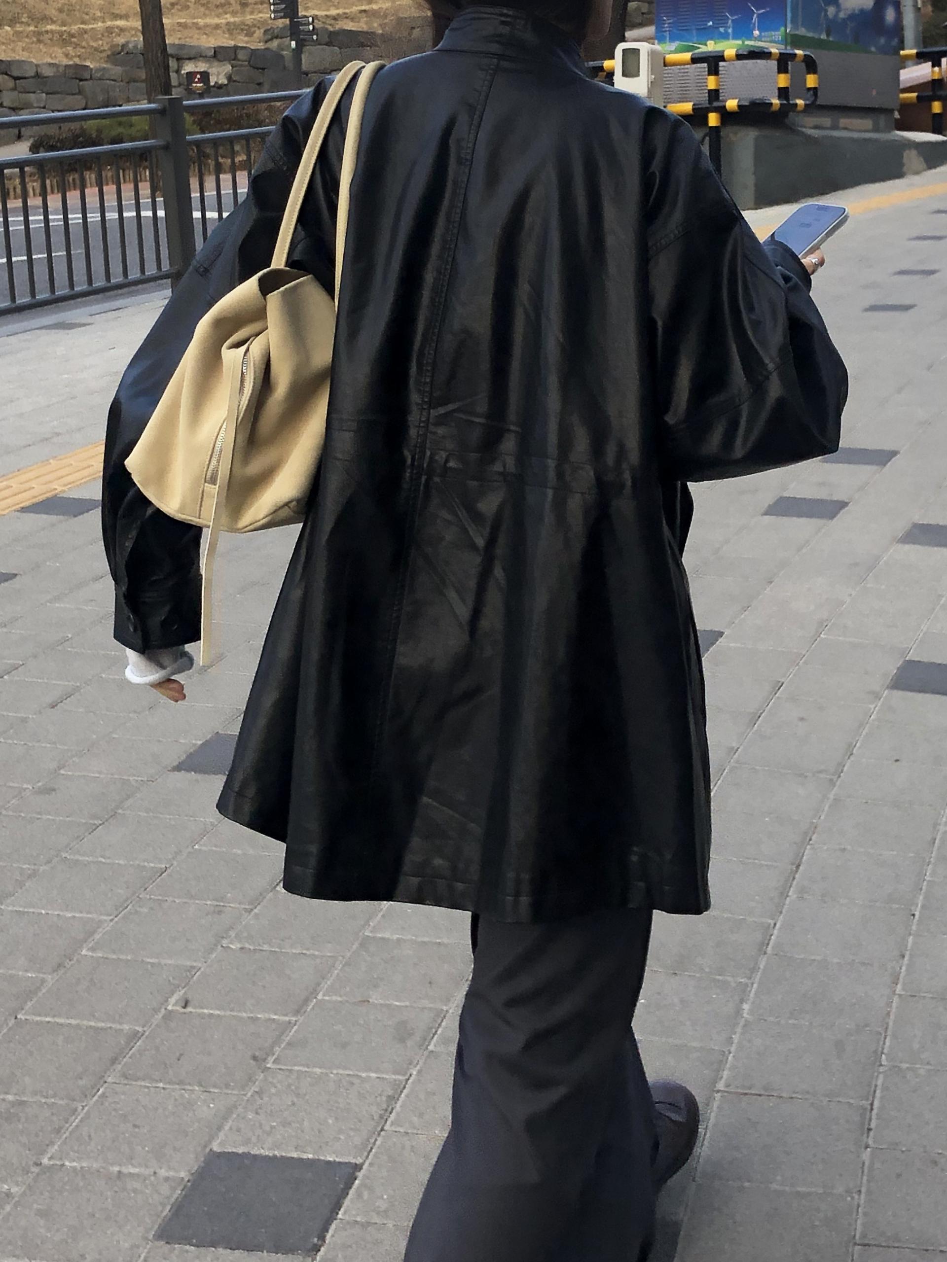 Leather half trench coat ( black )