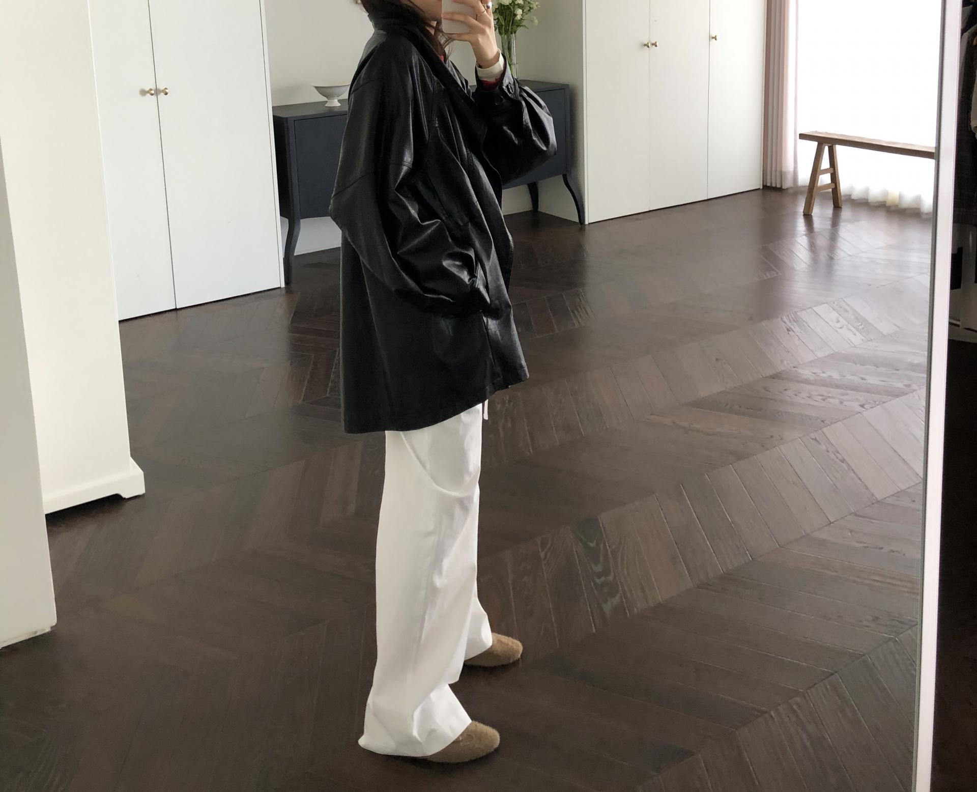 Leather half trench coat ( black )