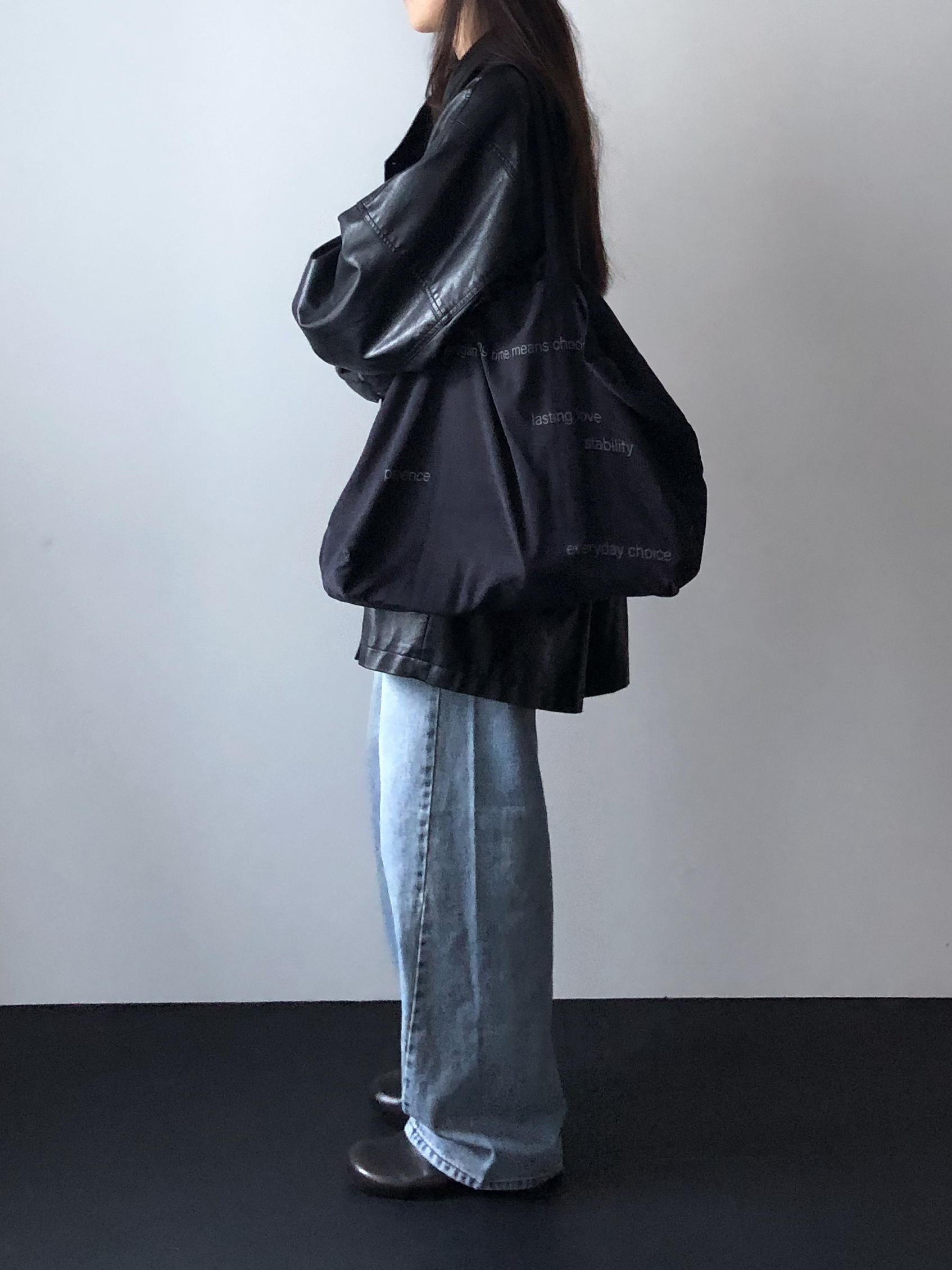 Leather half trench coat ( black )