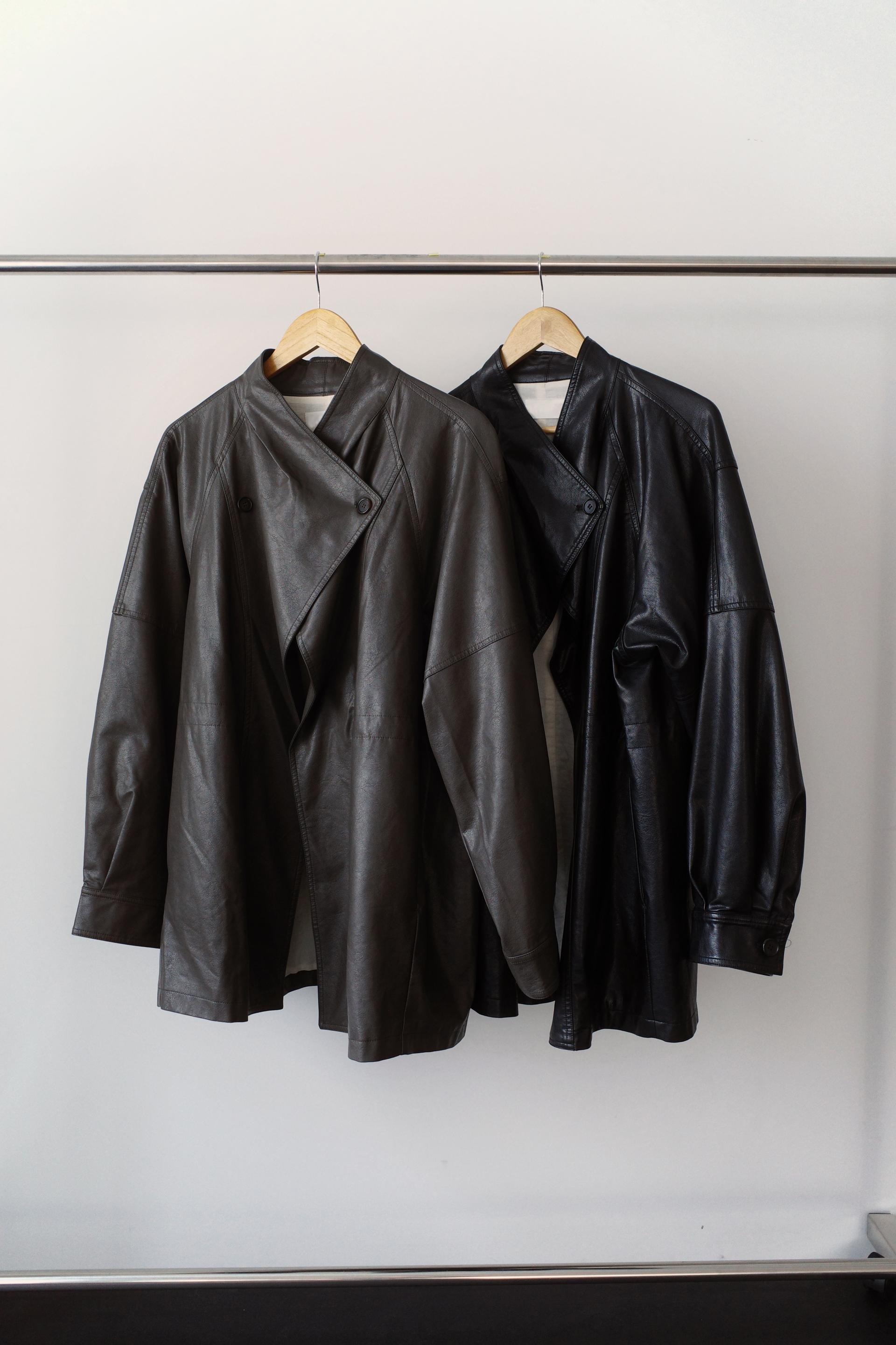 Leather half trench coat ( black )