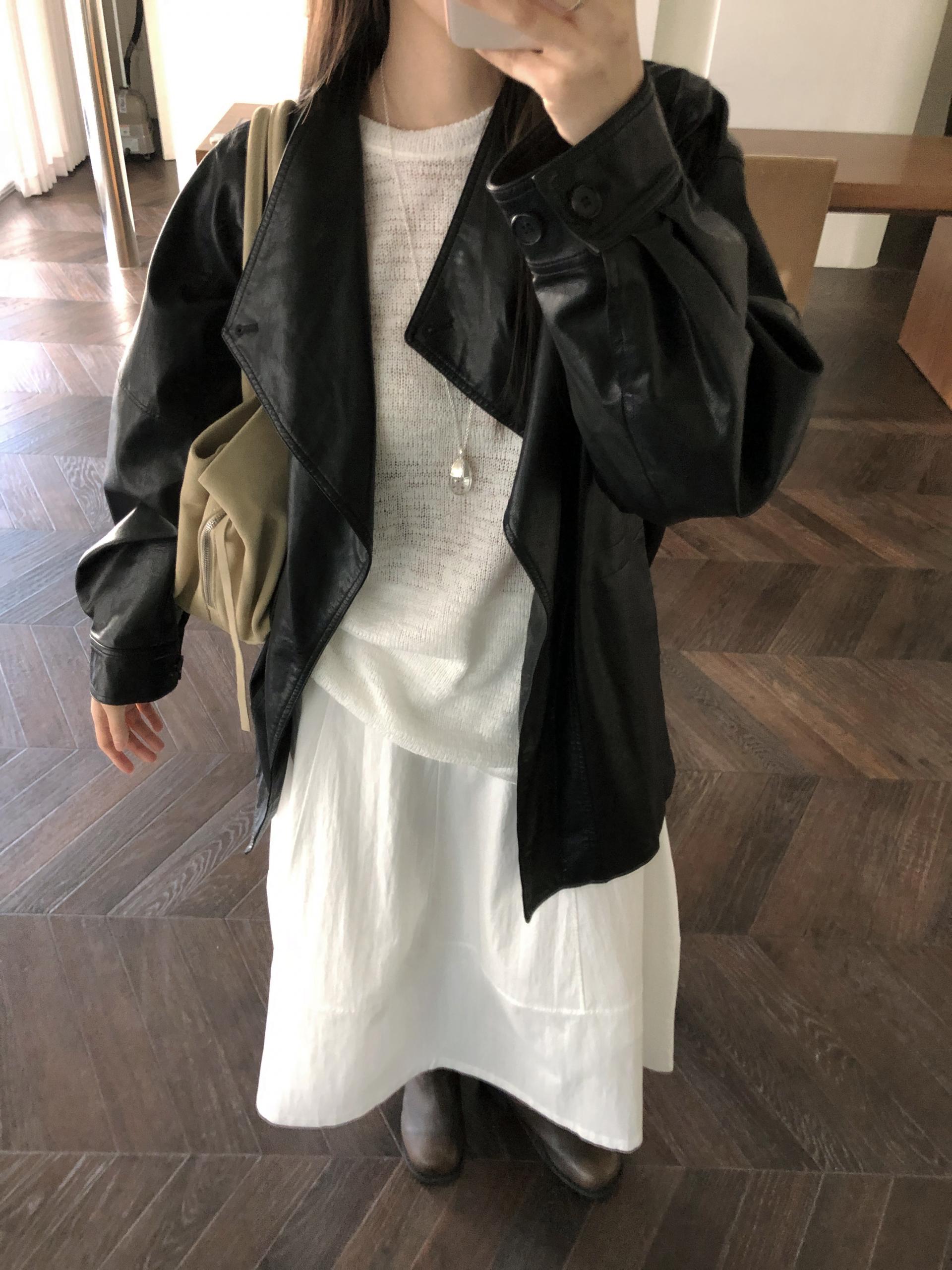 Leather half trench coat ( black )