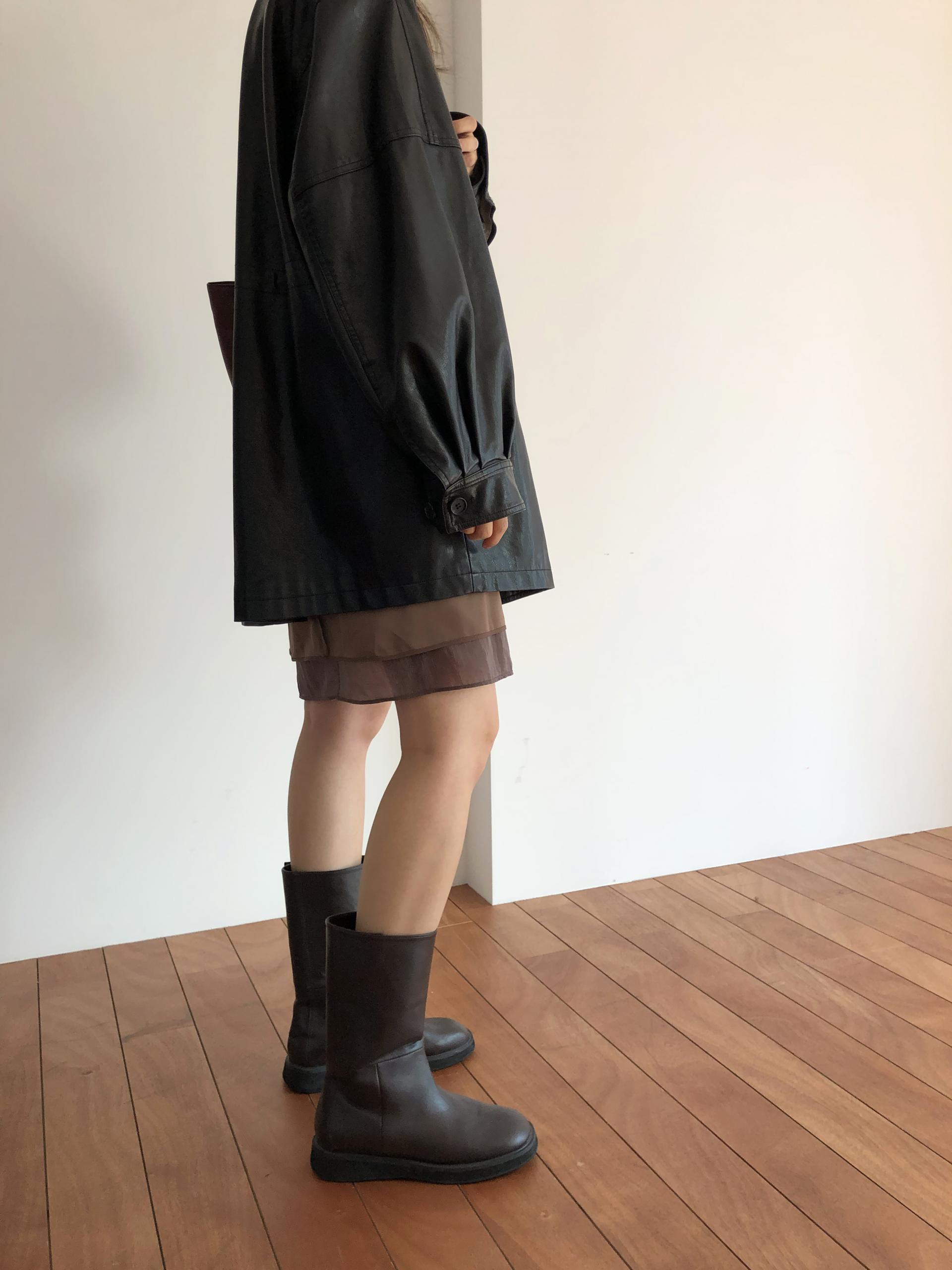 Leather half trench coat ( black )