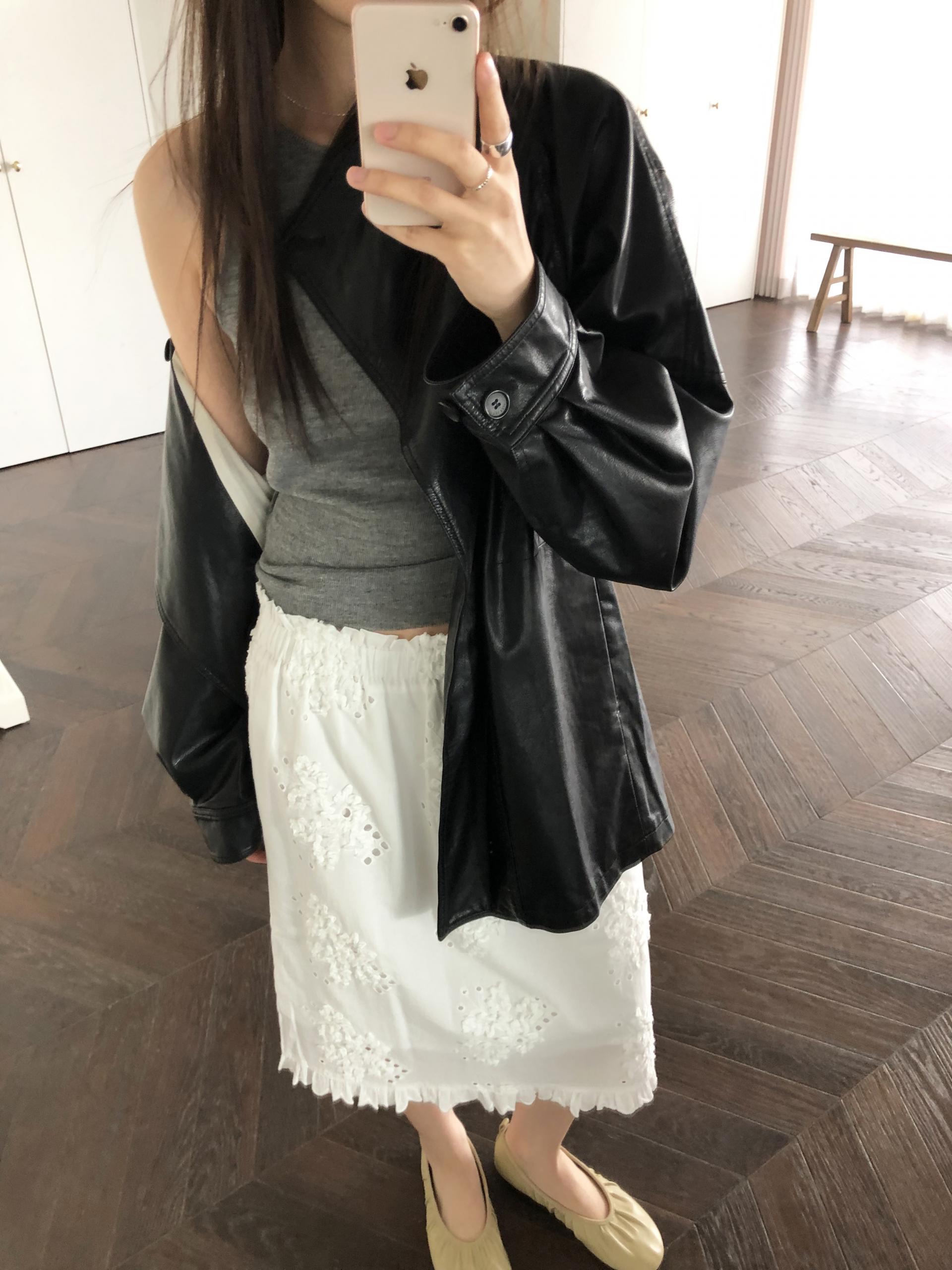 Leather half trench coat ( black )