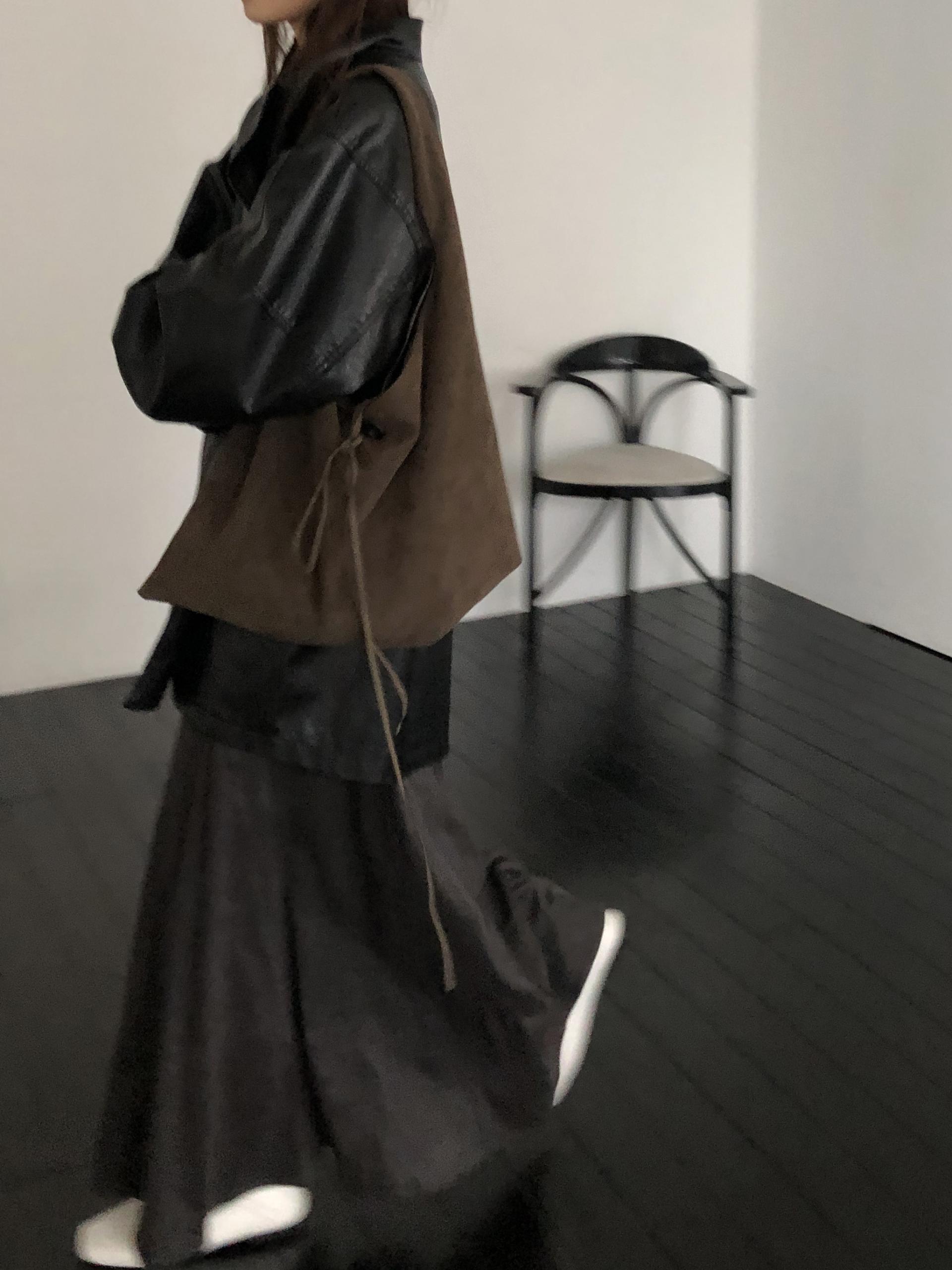 Leather half trench coat ( black )