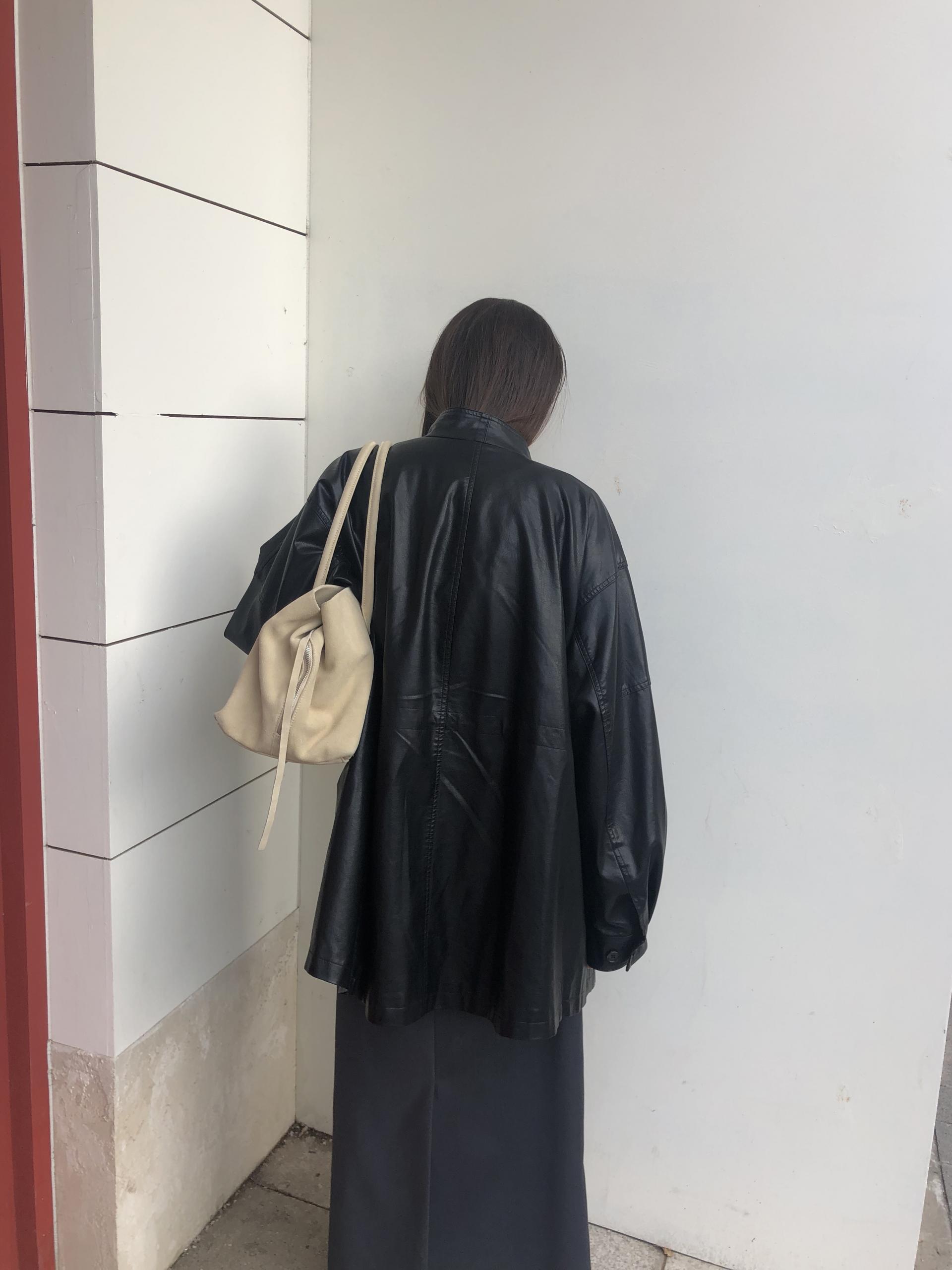 Leather half trench coat ( black )