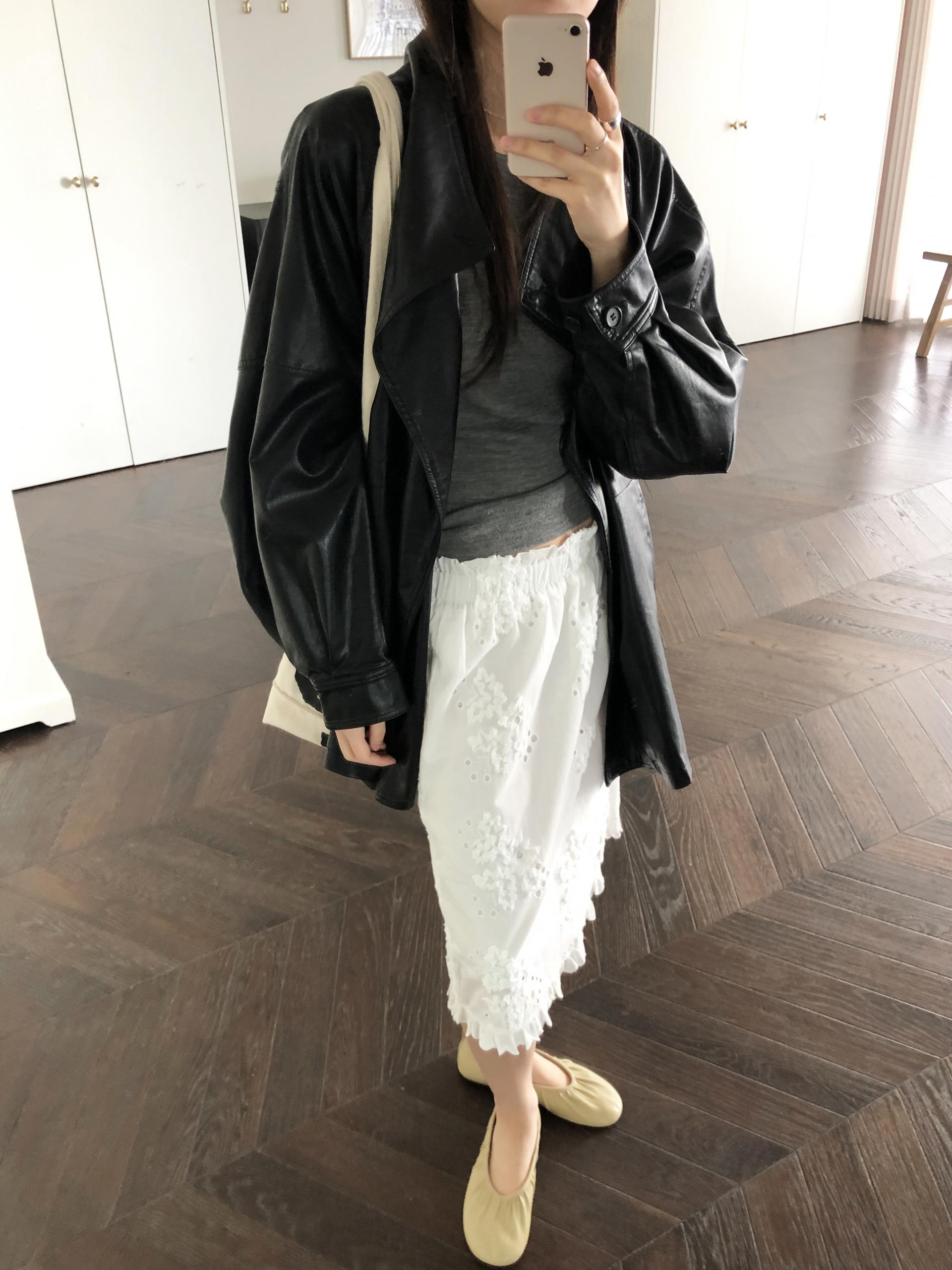Leather half trench coat ( black )
